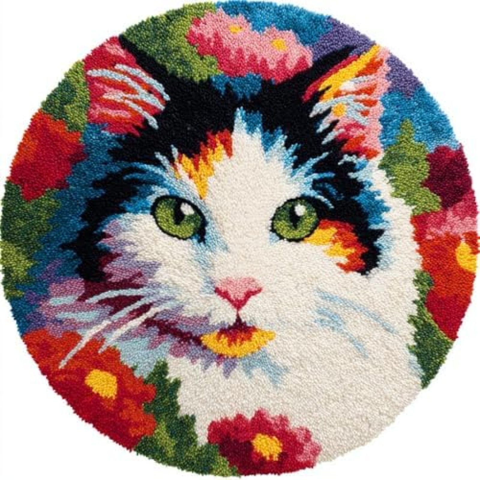 Latch Hook Rug Kit Turkish Van Cat Portrait In Flowers Round Rug 52x52cm