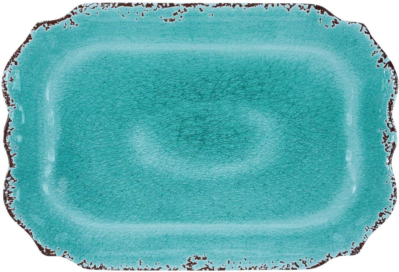 Crackle Melamine Serving Tray, BPA-Free Rustic Rectangular Platter for Appetizers, Cheese, Fruit or Entertaining, 20 x 13.5 Inch, Turquoise