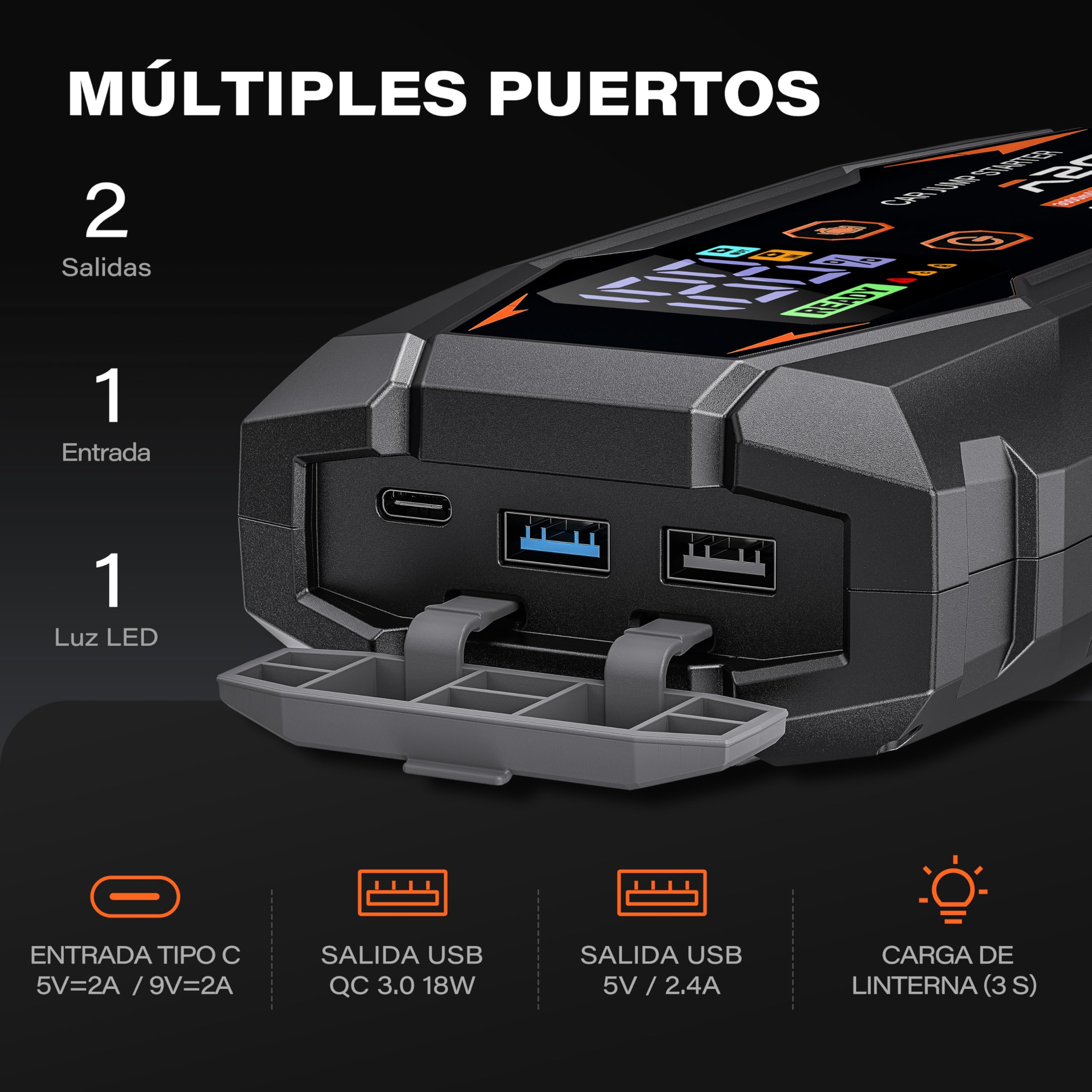 A2C Arrancador Coche 1500A, Power Bank 16800mAh para Gasolina 6L/Diésel 3L | 12V, 3 puertos USB-C, carga rápida QC 3.0, pantalla LED, pinzas de seguridad inteligentes, incluye estuche, diseño compacto
