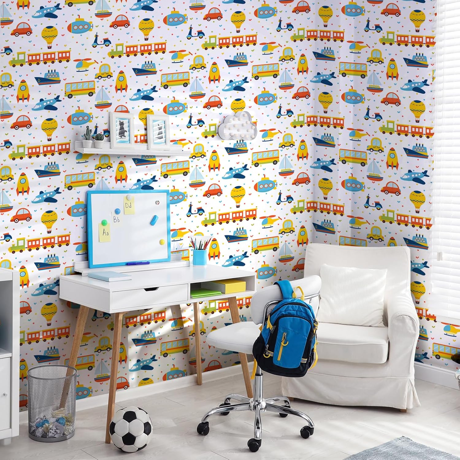 Cartoon Transports Wallpaper Peel and Stick 12"x393" Childish Car Train Airplane Ship Wallpaper for Kids Boys Bedroom Nursery Self Adhesive Cartoon Vehicles Contact Paper for Cabinet