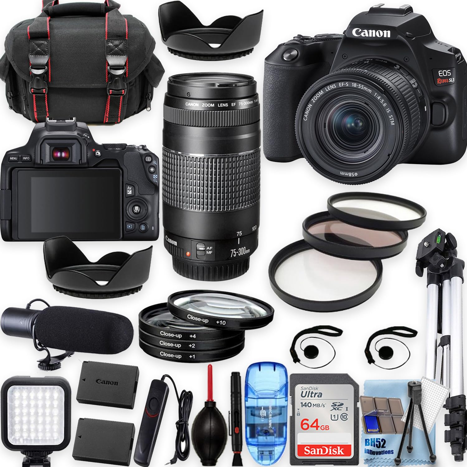 Canon EOS Rebel SL3 w/EF-S 18-55mm f/4-5.6 is STM+EF 75-300mm f/4-5.6 III Lenses, Tripod+Shoulder Bag+50 LED+PRO Accessory Bundle (20+Items) (Renewed)