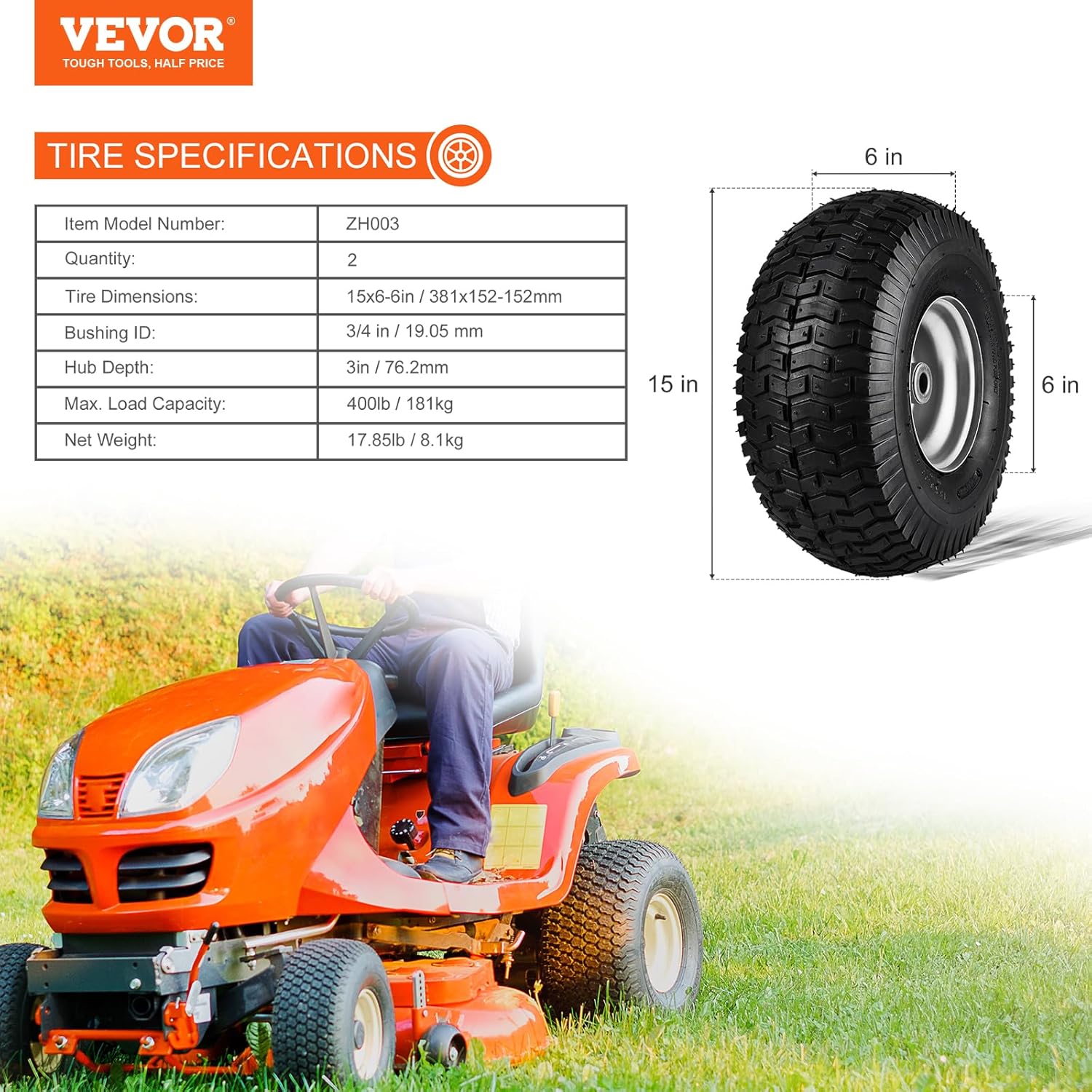 VEVOR Lawn Mower Tires, 15x6.00-6" Lawn Tractor Tires, 2-Pack Tire and Wheel Assemblies, Turf Pneumatic Tires with 3" Centered Hub and 3/4" Bushing Size, 16 PCS for Riding Mowers Lawn Tractors