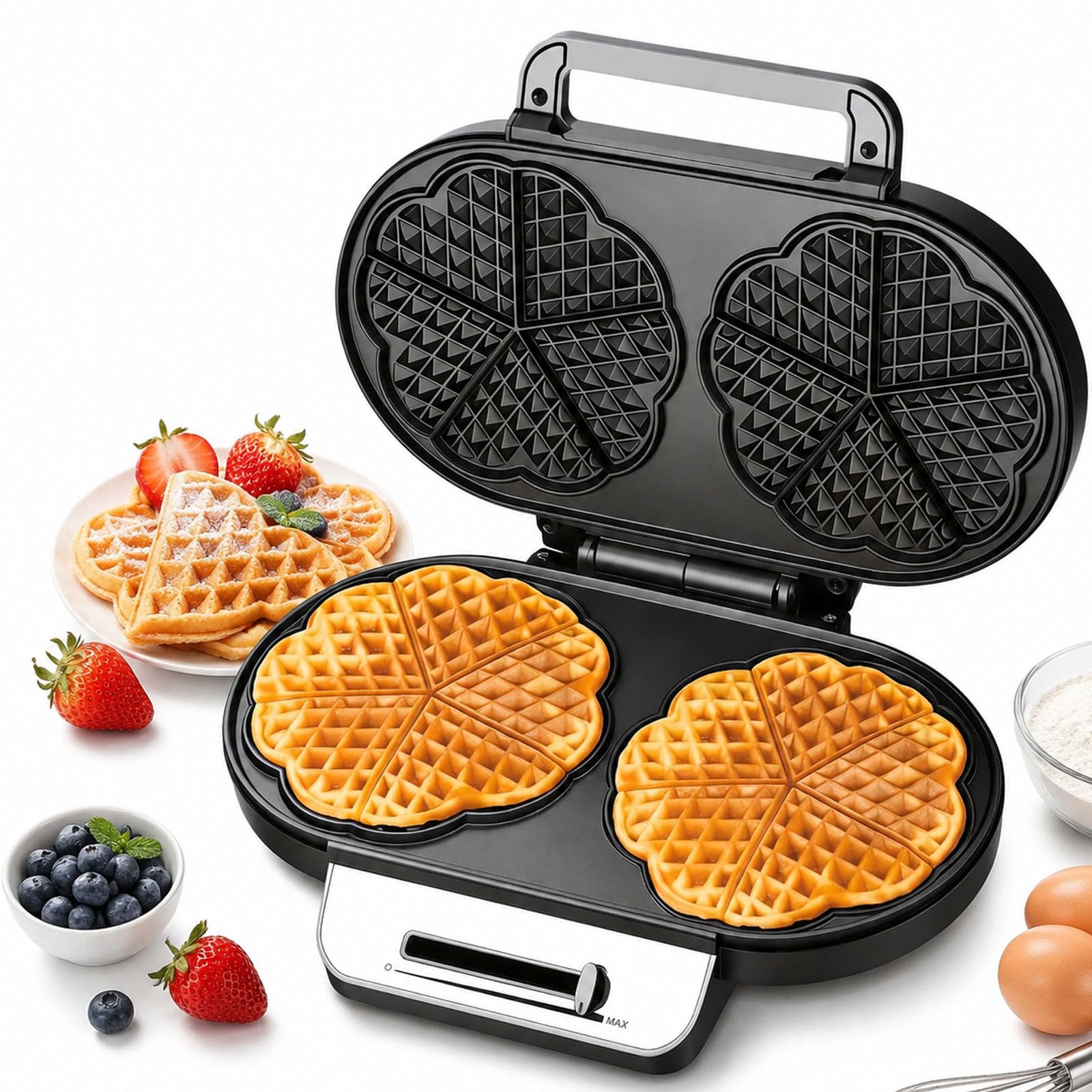 Wafflera en forma de corazón, temperatura ajustable | Gofrera Belga, Placas Antiadherentes, Fácil de Limpiar, Acero Inoxidable, gofrera de hierro fundido para Gofres, Galletas