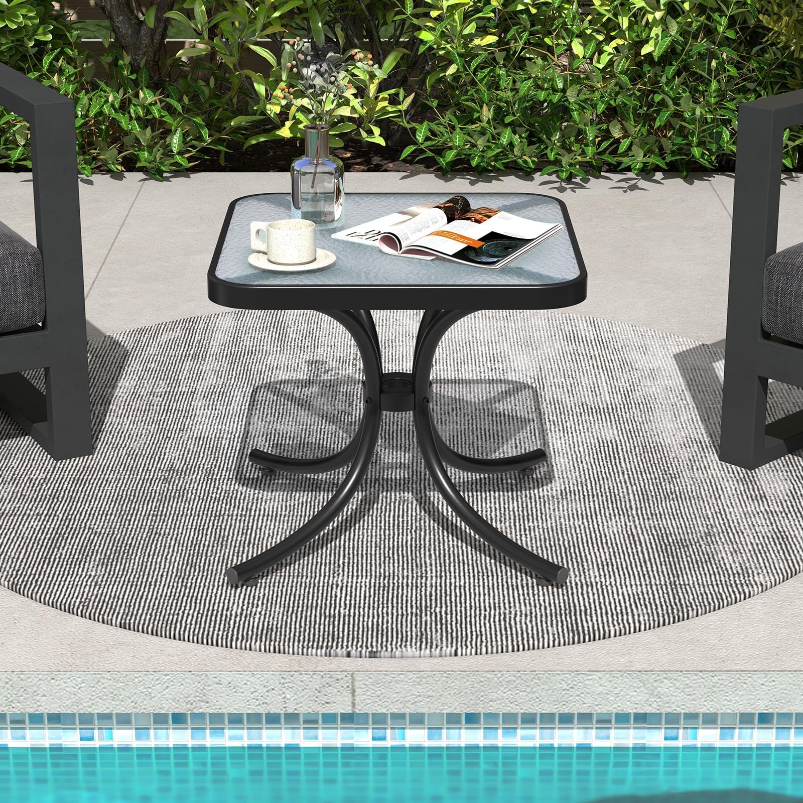 RELAX4LIFE Tavolo da Giardino, Tavolino da Balcone in Vetro Temperato senza Foro Ombrellone, Struttura in Metallo Resistente, Design con Effetto Onde, per Esterno e Interno (50×50×45cm, Quadrato)