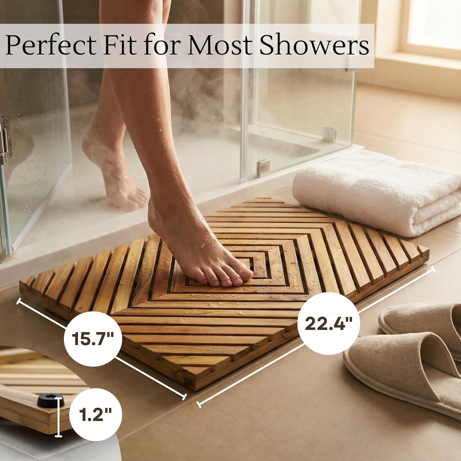 Teak Shower Mat for Inside Shower 22x15 - Premium Teak Wood Bath Mat Non Slip - Wooden Shower Mat for Outdoor - Heavy Duty Teak Bathroom Floor Mat for Bathtub Sauna