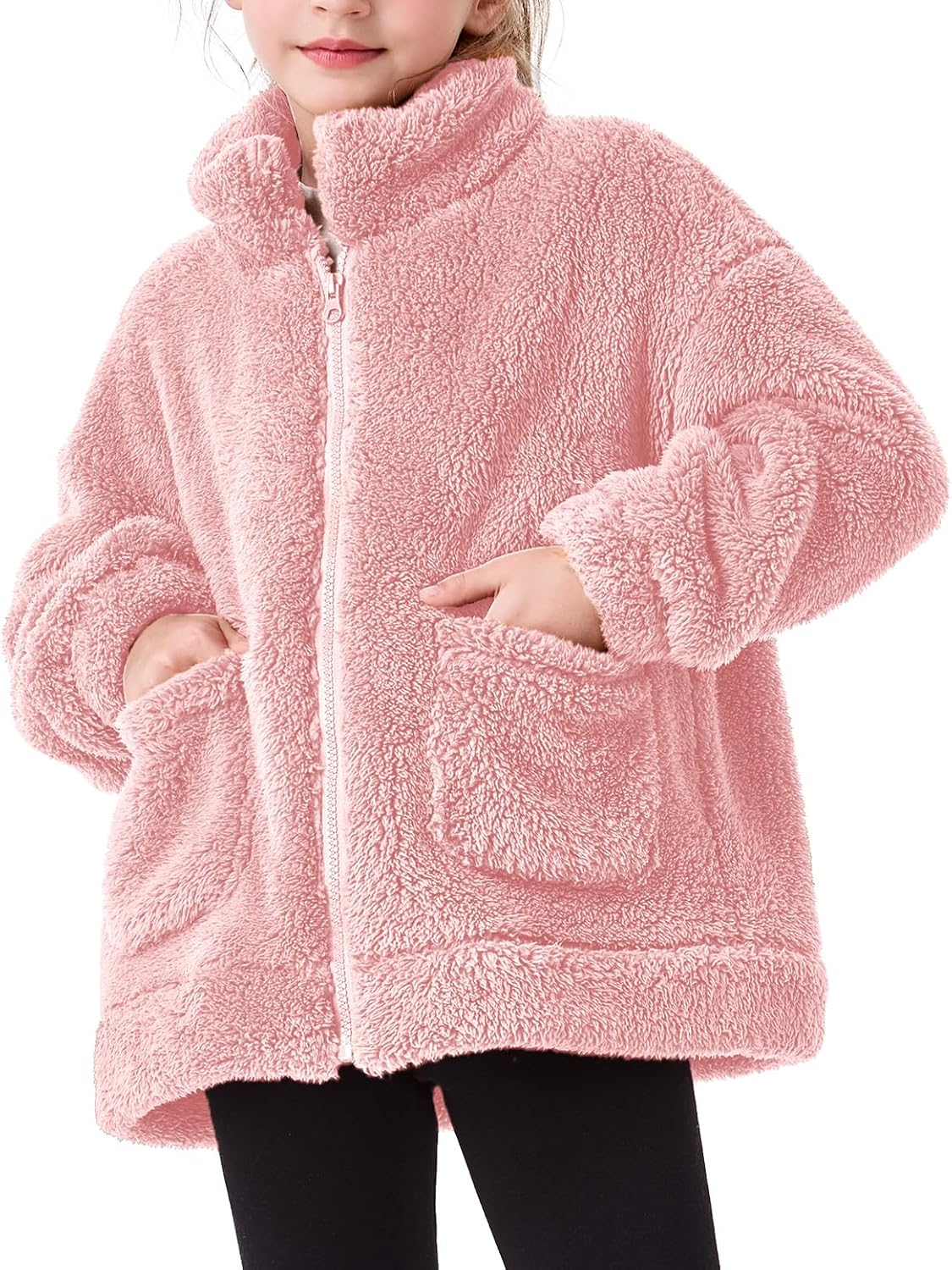 Girls Fleece Sherpa Jacket Full Zip Fall Coat with Pockets Winter Jackets Kids Outwear for 5-14y