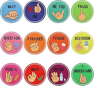 12pcs Classroom Hand Signals Poster, Waterproof Classroom Visual Cue Cards Hand Gestures Classroom Nonverbally Communicate Supply Decoration for School Kindergarten