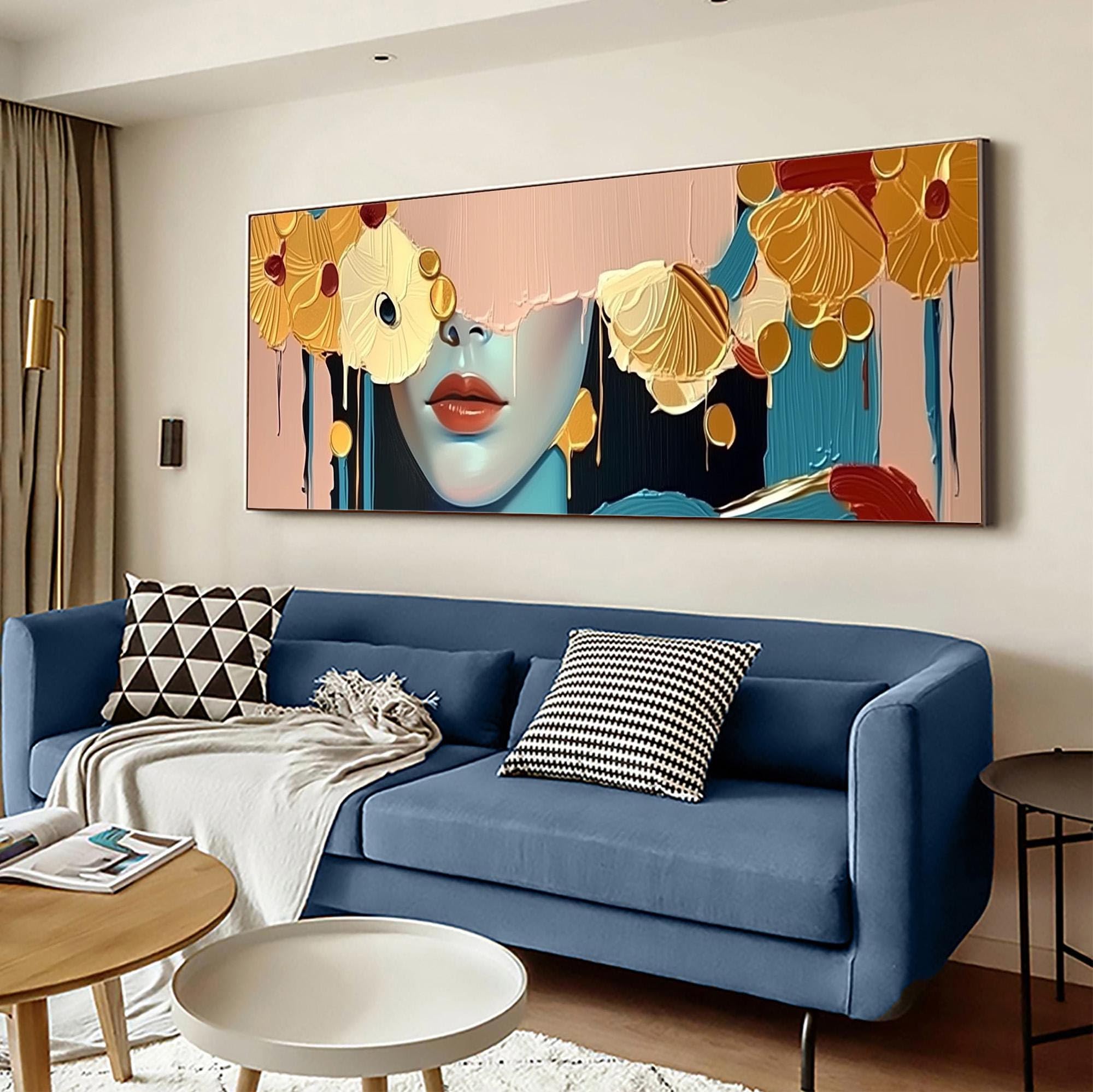 LMYCHENG Woman portrait Oil Painting, Abstract Gold Face Panoramic Wall Art, Textured Blue Red Canvas Prints(20x60cm/Frameless)