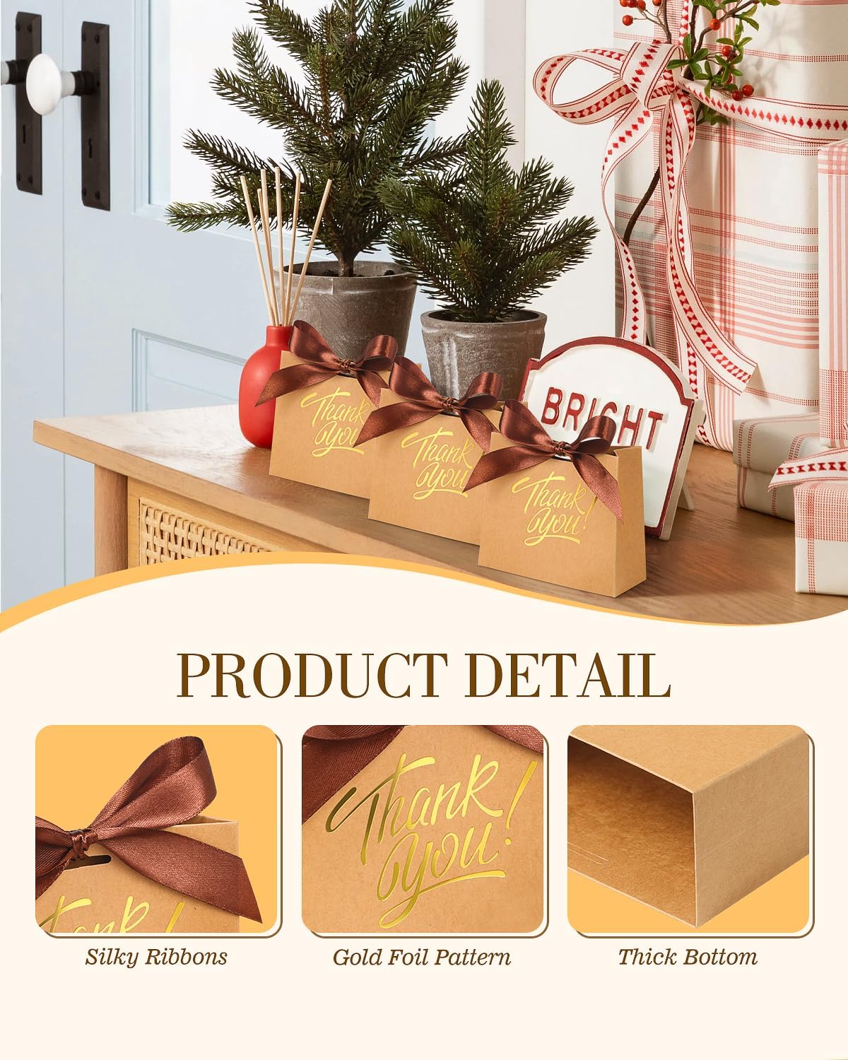 EQOREIIN Small Gift Bags, 25 Pack 4.5x1.8x3.9 Inches Mini Thank You Bags Brown Kraft Paper Gift Bag with Bow Ribbon, Small Candy Bags Gift Bag Bulk for Birthday Wedding Baby Shower (Brown) - Image 4