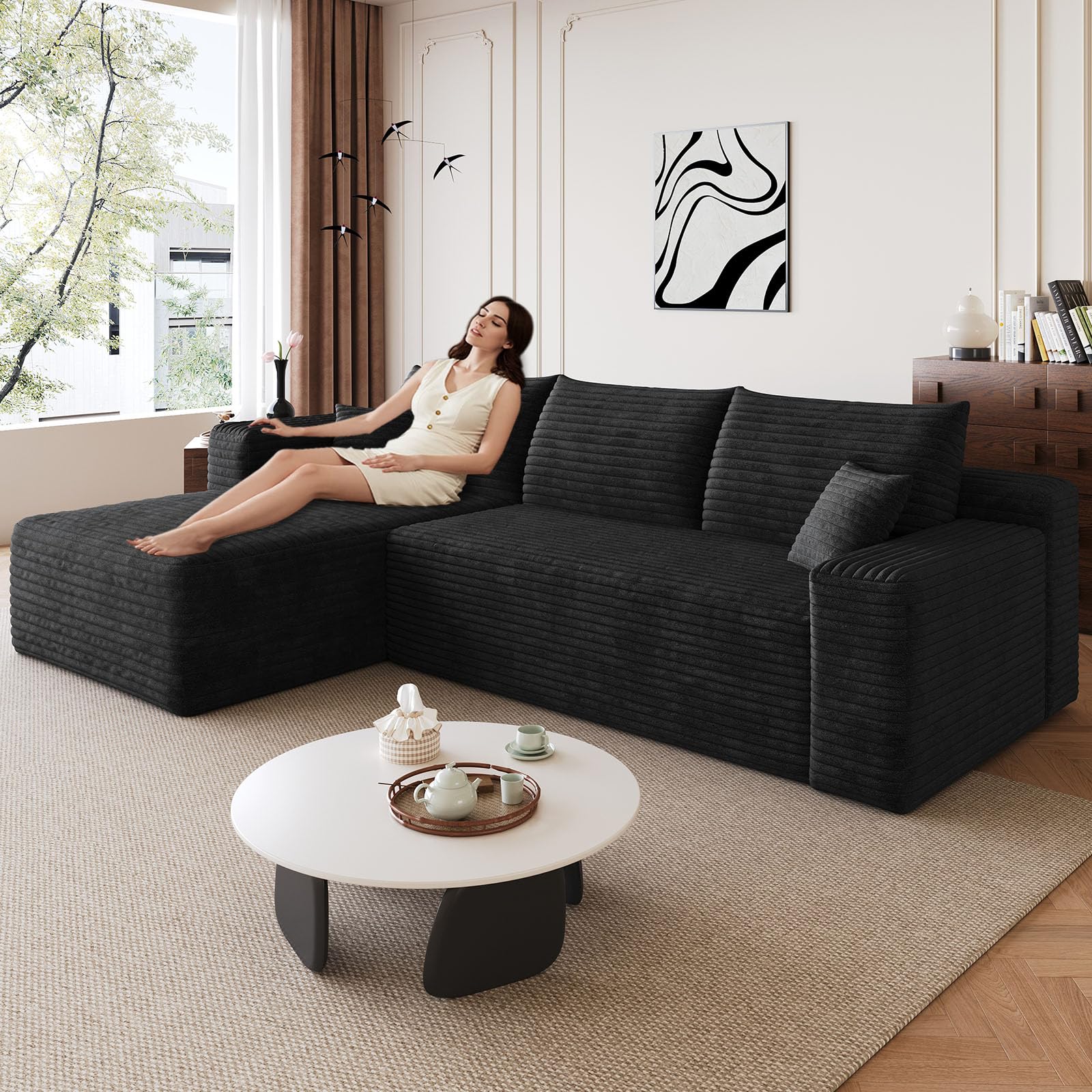 95" Modular Sectional Sofa, Modern Corduroy Cloud Couch with Side Pockets, Boneless Couch Upholstered 3-Seater L-Shaped Sofa for Living Room, No Assembly Required (Black,Left-Facing Chaise)