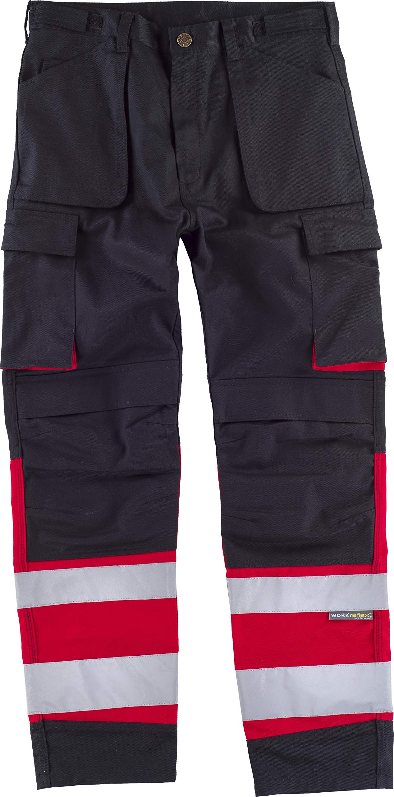 Work Team Pantalón Combinado de Triple Costura y con Cintas Reflectantes. Dos Bolsos de Fuelle con Abertura Inclinada en los costados, un Bolsillo Rel Hombre Negro+Rojo 48