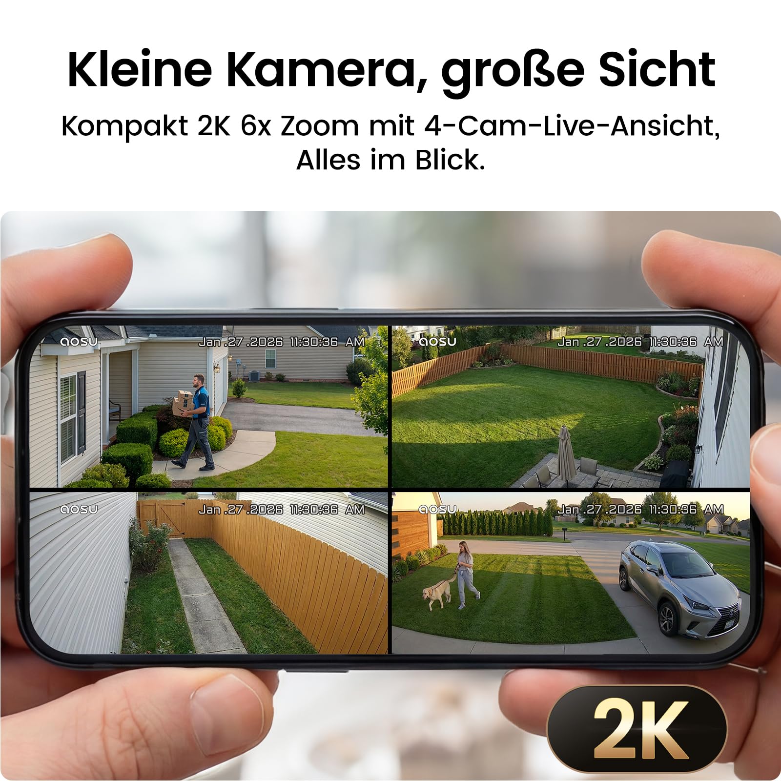 aosu 2K Überwachungskamera Aussen Akku Solar 4er-Kit mit Aosubase 2.0 kein ABO Nötig 32GB Lokal Speicher Kamera Überwachug Aussen PIR Bewegungssensor Licht Tonalarm 2-Wege-Audio Farb-Nachtsicht