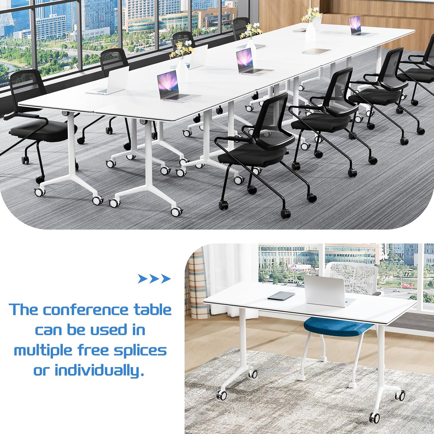 Movable Folding Conference Table,Modern Conference Room Table with Wheels,Rectangular Conference Table Business Style,for Office Classroom Training Meeting Room (8, White, 55.1in)