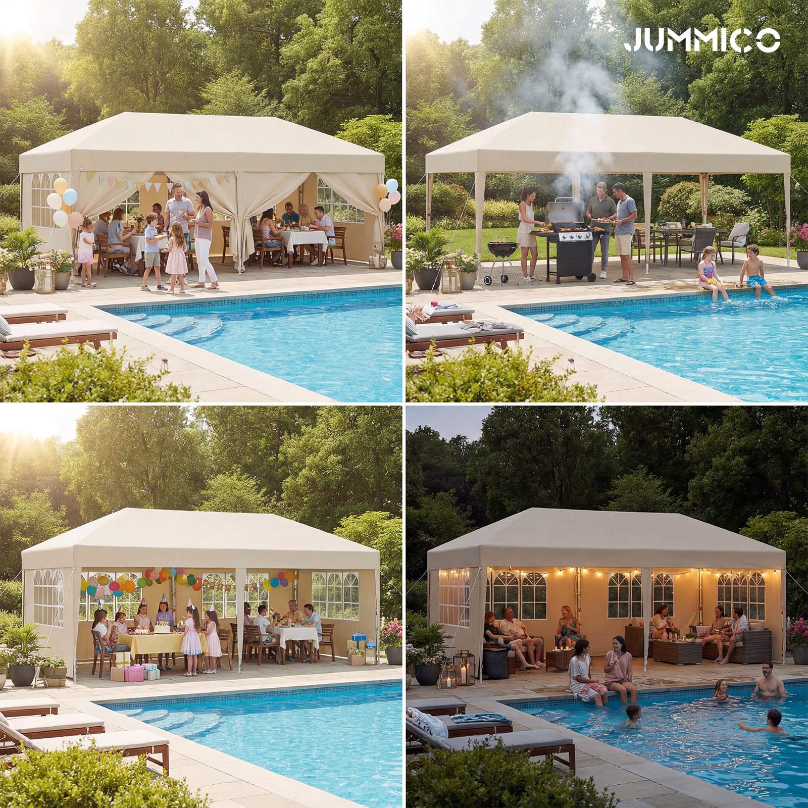 JUMMICO Tonnelle Pavillon Pliable 3x6m à Montage Rapide｜Assemblage en 5 Minutes｜Hauteur Réglable & 10cm Plus Haut｜Stable au Vent & Imperméable｜pour Jardin, Camping & Fêtes Beige