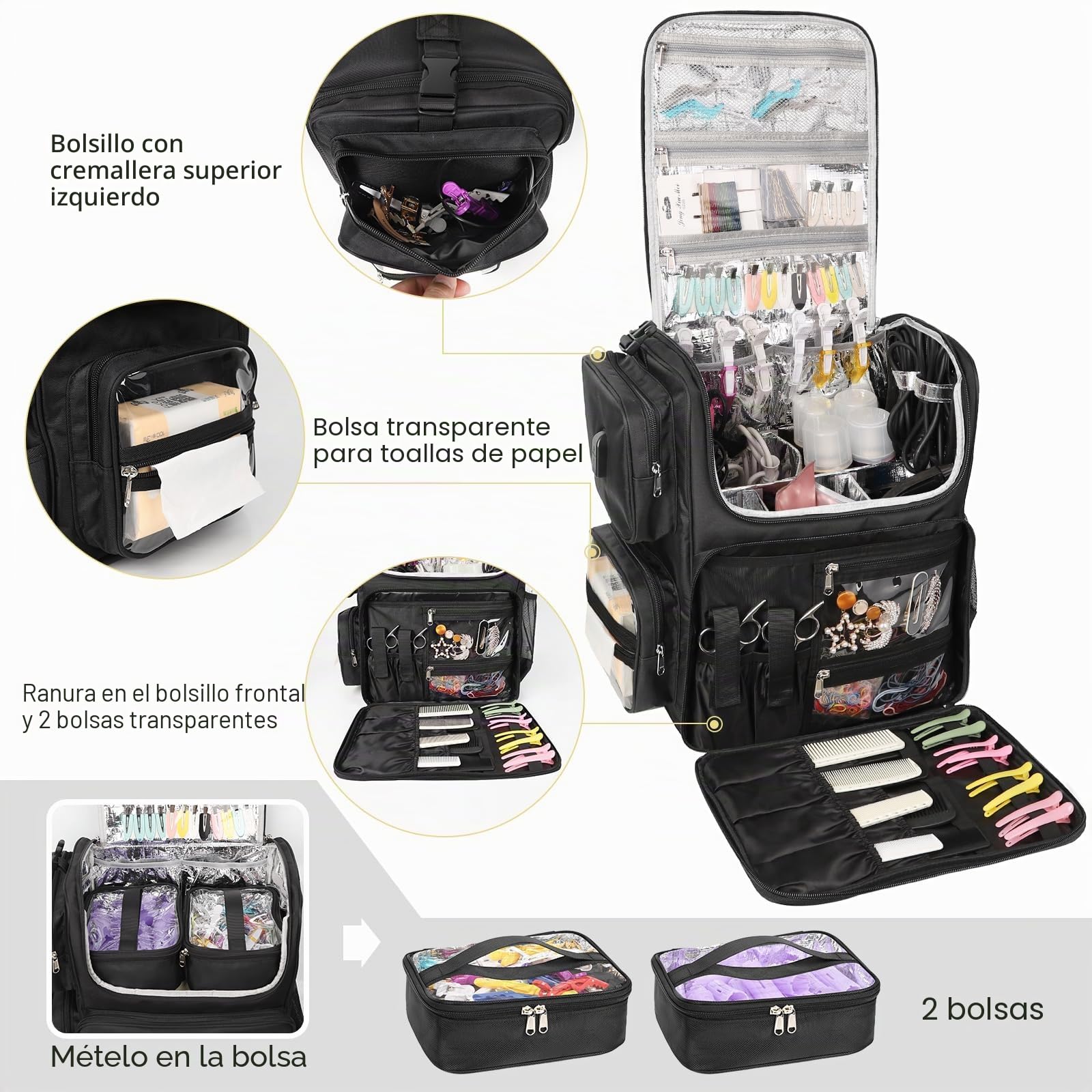 Relavel Bolsa de viaje para utensilios de peluquería, mochila y bolsa de cosméticos con capa aislante térmica, para rizadores, planchas y accesorios de viaje, organizador de barbero (negro)