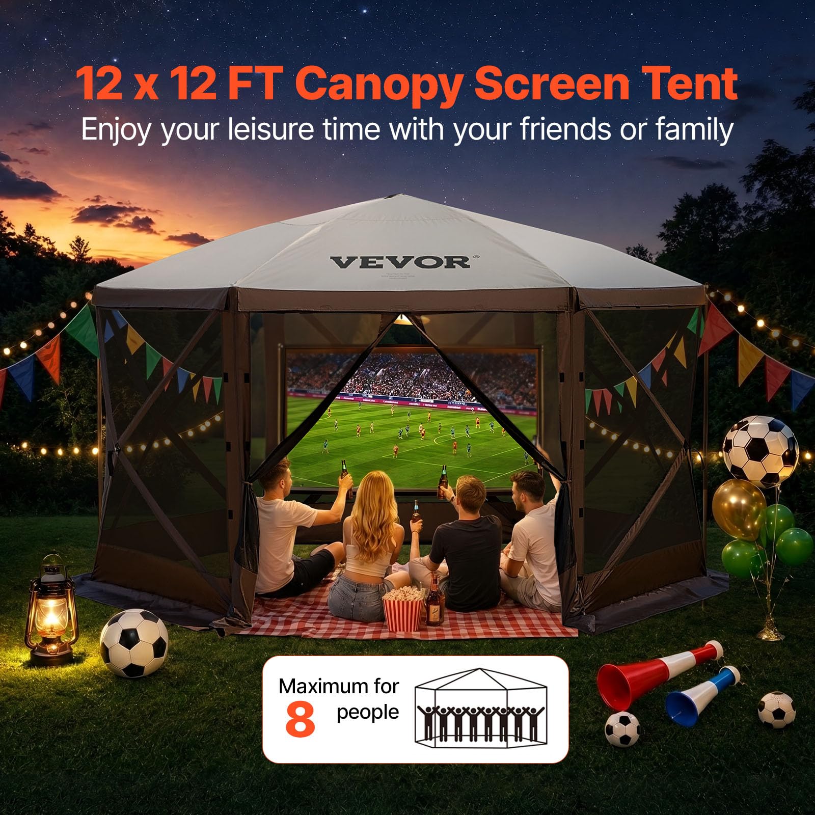 VEVOR Pavillon-Zelt, 3,6 x 3,6 m, 6-seitiges Pop-up-Camping-Überdachungszelt mit Netzfenstern, tragbarer Tragetasche, Erdnägeln, großen Schattenzelten für Camping im Freien, Rasen und Hinterhof