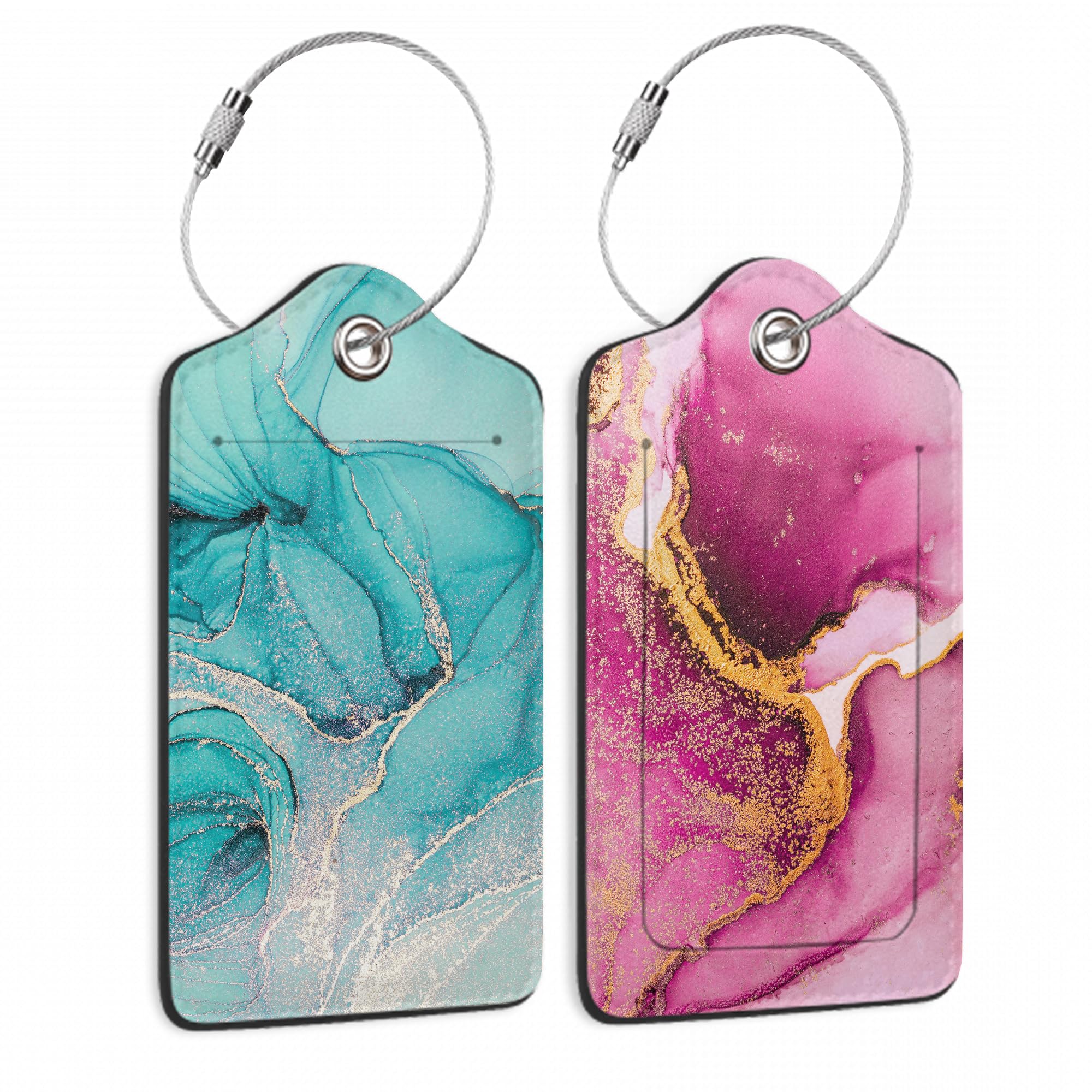 Set of 2 Pink Gold Abstract Marble Luggage Tags for Suitcases, Blue Gold Abstract Marble Leather Suitcase Tag Name Identifiers Labels for Travel Bag