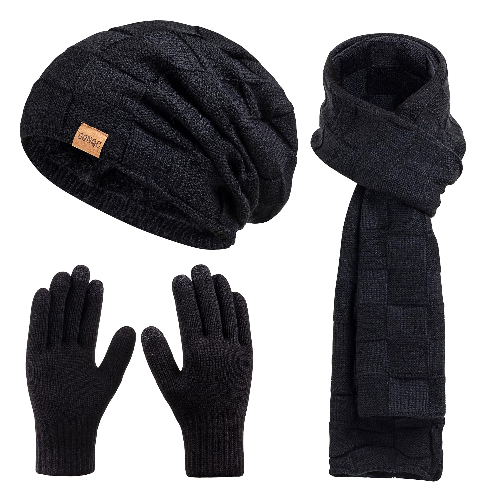 Beanie Hat Scarf Touchscreen Gloves Set for Men and Women Fleece Lined Warm Winter Beanie Gloves Long Neck