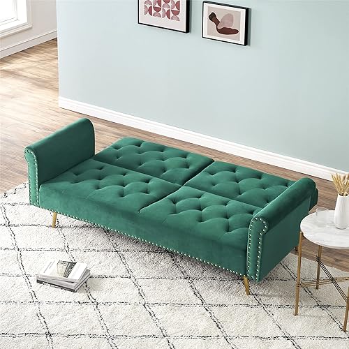 Miniatura 3 de PBOGHLRD Sofá biplaza de terciopelo convertible, futón tapizado con cabeza de clavos con dos almohadas, moderno sofá cama para sala de estar,