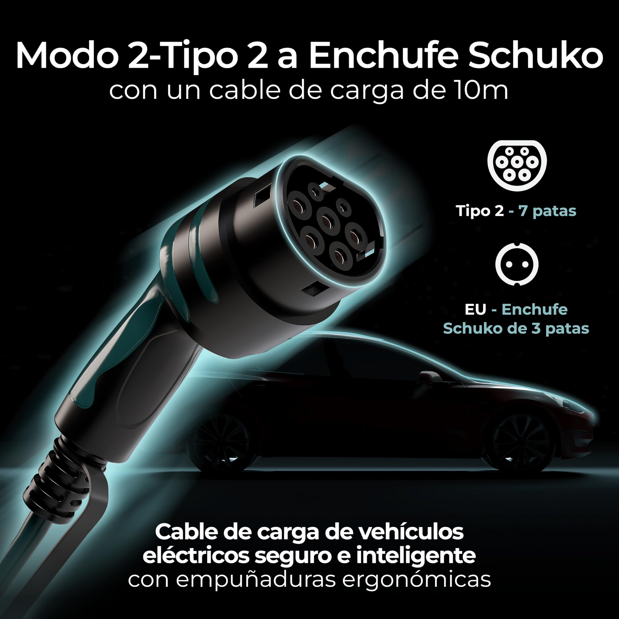 Masterplug Cable de Carga VE para Vehículos Eléctricos e Híbridos, 10 Metros, Modo 2, Enchufe Schuko de 3 Pines EU a Cargador de Coche Tipo 2, 3,6kW, 16A, EVCM221610G/EU