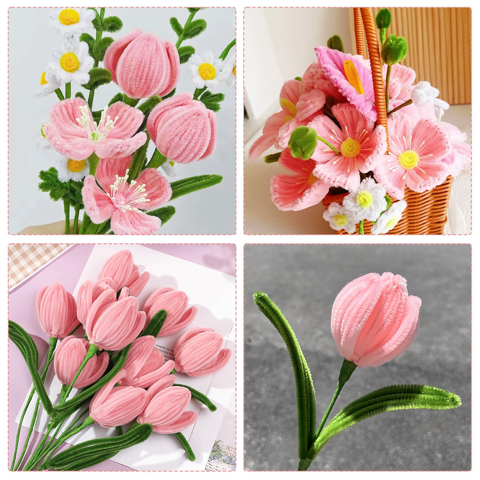 300 stuks pijpenragers, tulp, bloemenboeket, pijpenragers, bloemen, roze, groen, pijpenrager om te knutselen, kleurrijke chenilledraad voor kinderen, knutselen en kerstdecoratie