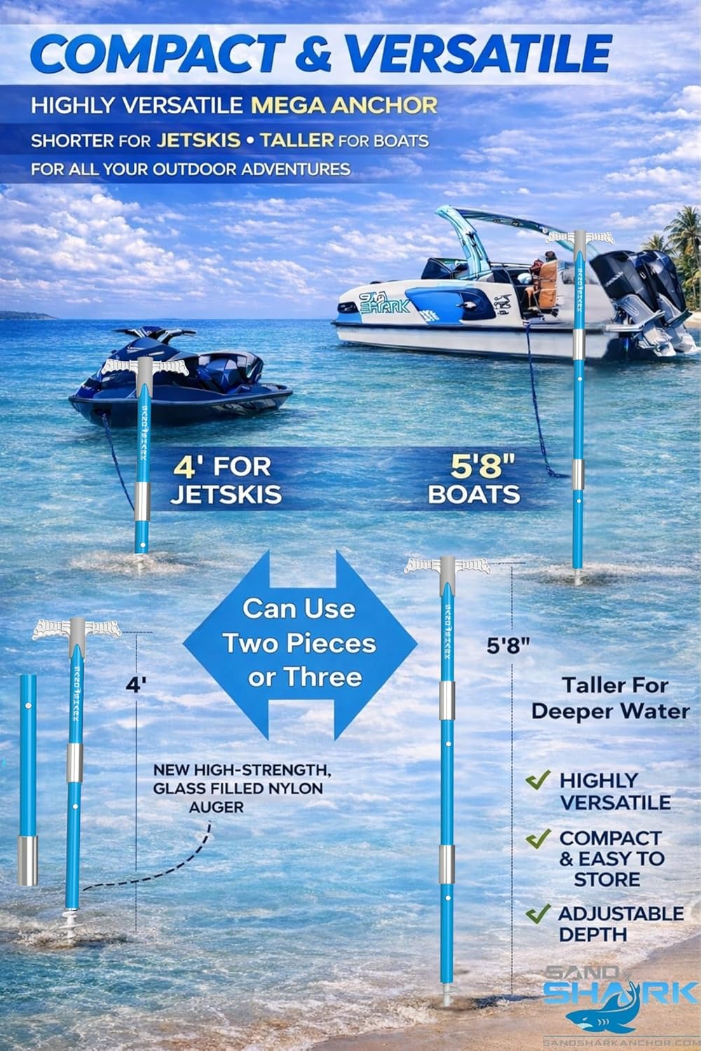 SandShark Supersport 3.0 Shallow Water Anchor - Great Jet Ski, PWC, Pontoon Boat Accessory - Adjusts 29"-48" w/Case