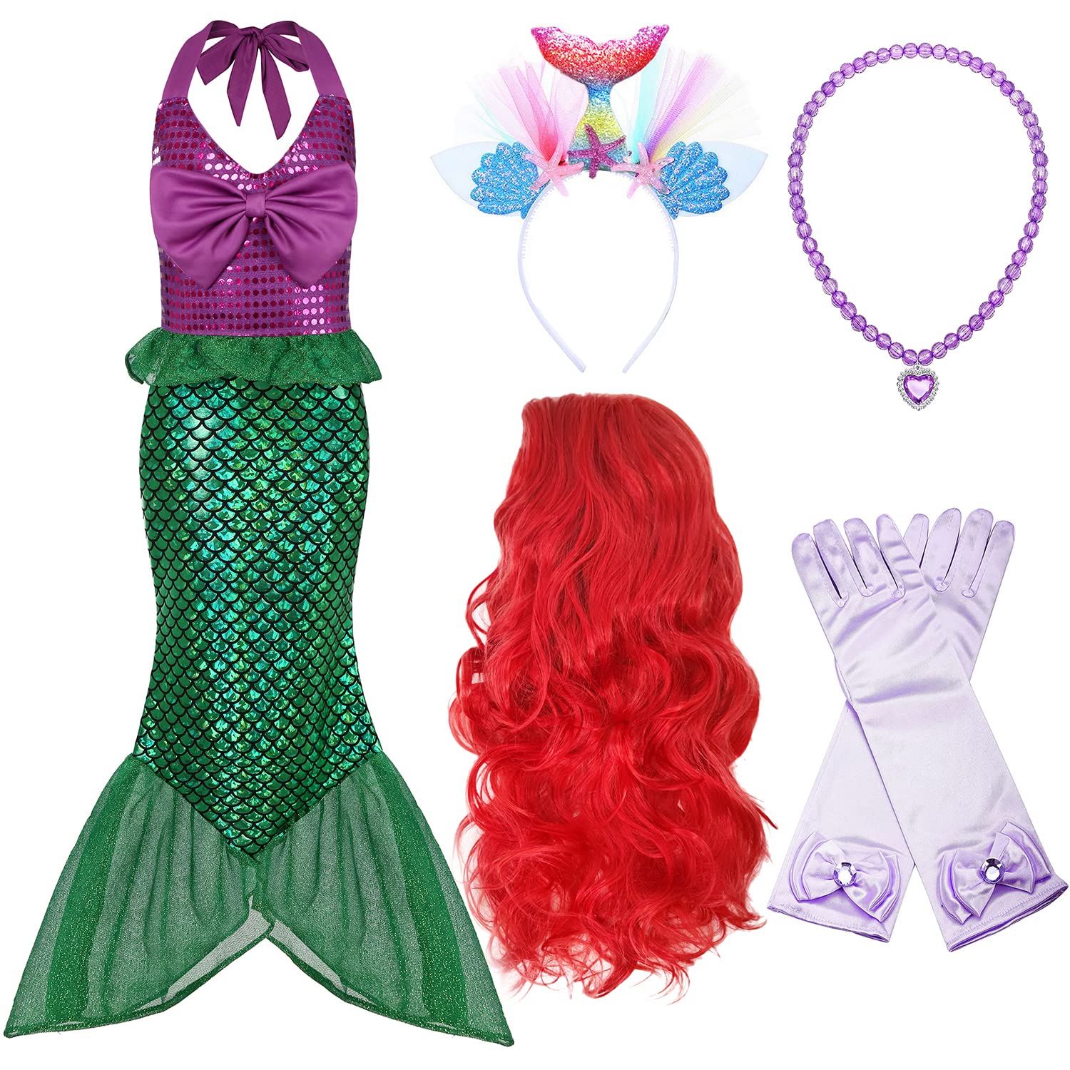 Oumbivil Little Mermaid Ariel Costume for Grils Halloween Costumes Princess Dress Cosplay with Wig,Headband,Necklace Gloves