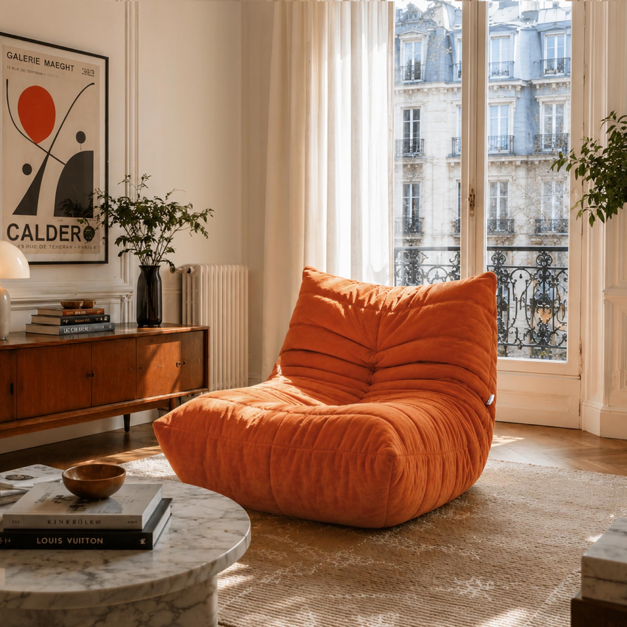 Icon Enzo Bodenstuhl mit Rückenlehne, Orange, Chenille Stoff, Bequemer Stuhl mit Schaumstofffüllung inklusive, Bodensofa, Wohnzimmermöbel, Schlafzimmerstuhl, Loungesessel, Akzentstuhl