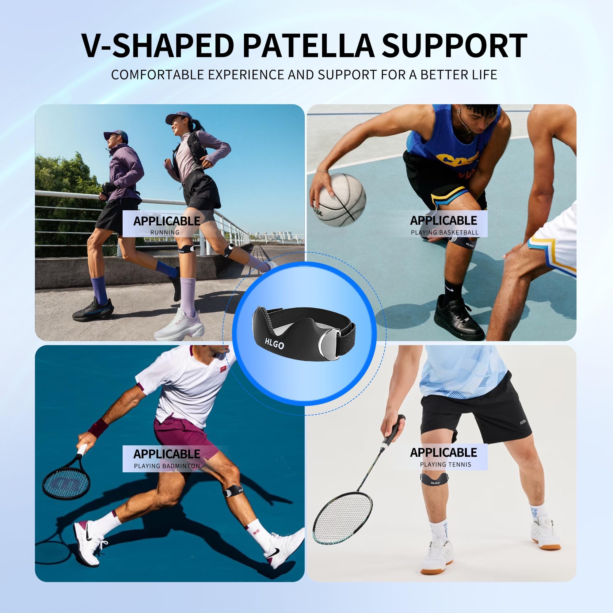 HLGO Sangle Rotulienne Réglable (Lot de 2) - Genouillère Silicone Anti-Dérapante pour Genou du Sauteur, Tendinite & Osgood-Schlatter, Soutien Sport/Course, Soulagement Douleur Homme/Femme