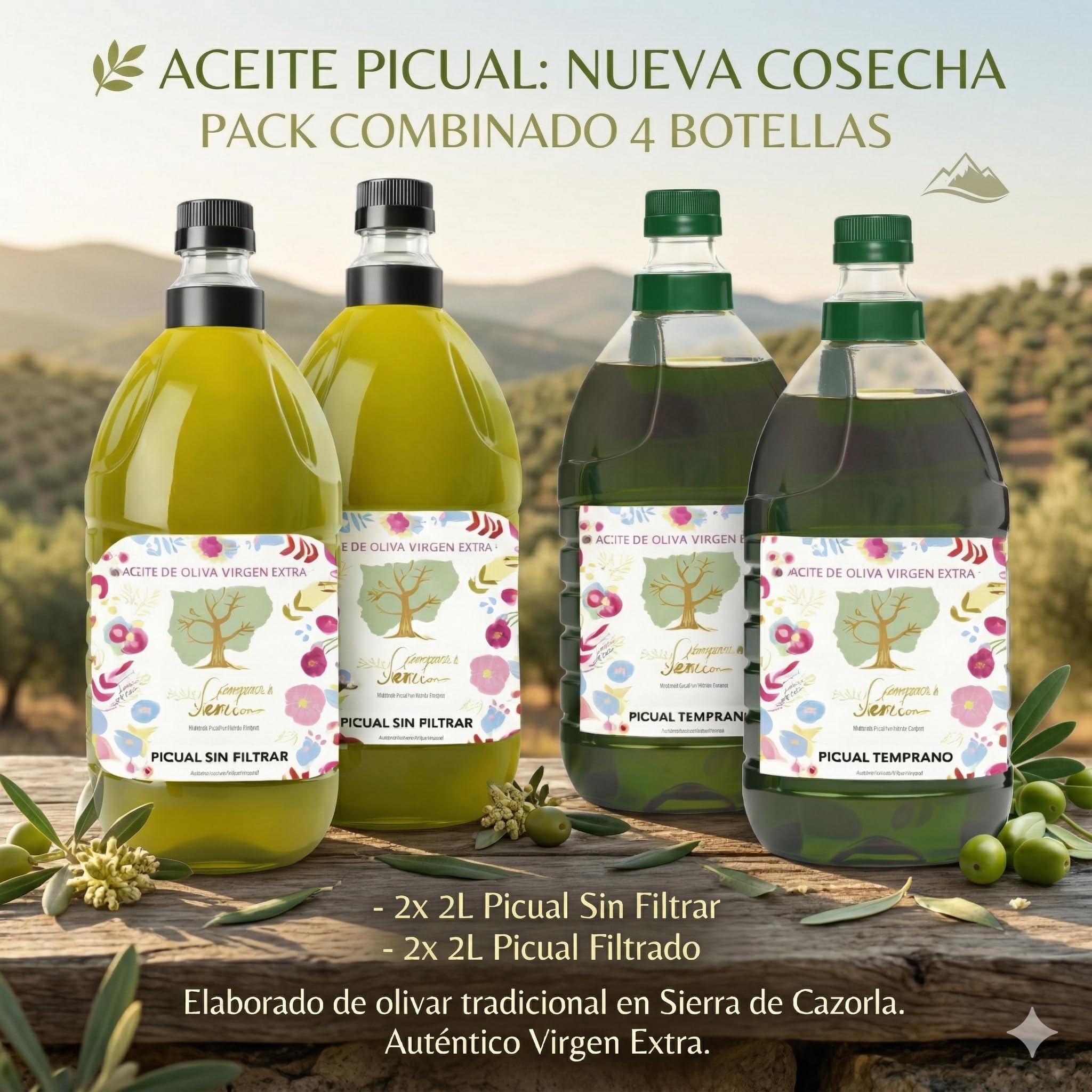 VERDE IBERO Aceite de Oliva Virgen Extra Picual 2L – Pack 4 Botellas (8L) – 2 Filtrado + 2 Sin Filtrar – Nueva Cosecha 2025/2026 – AOVE Jaén de Olivar Tradicional – Sabor Intenso y Frutado
