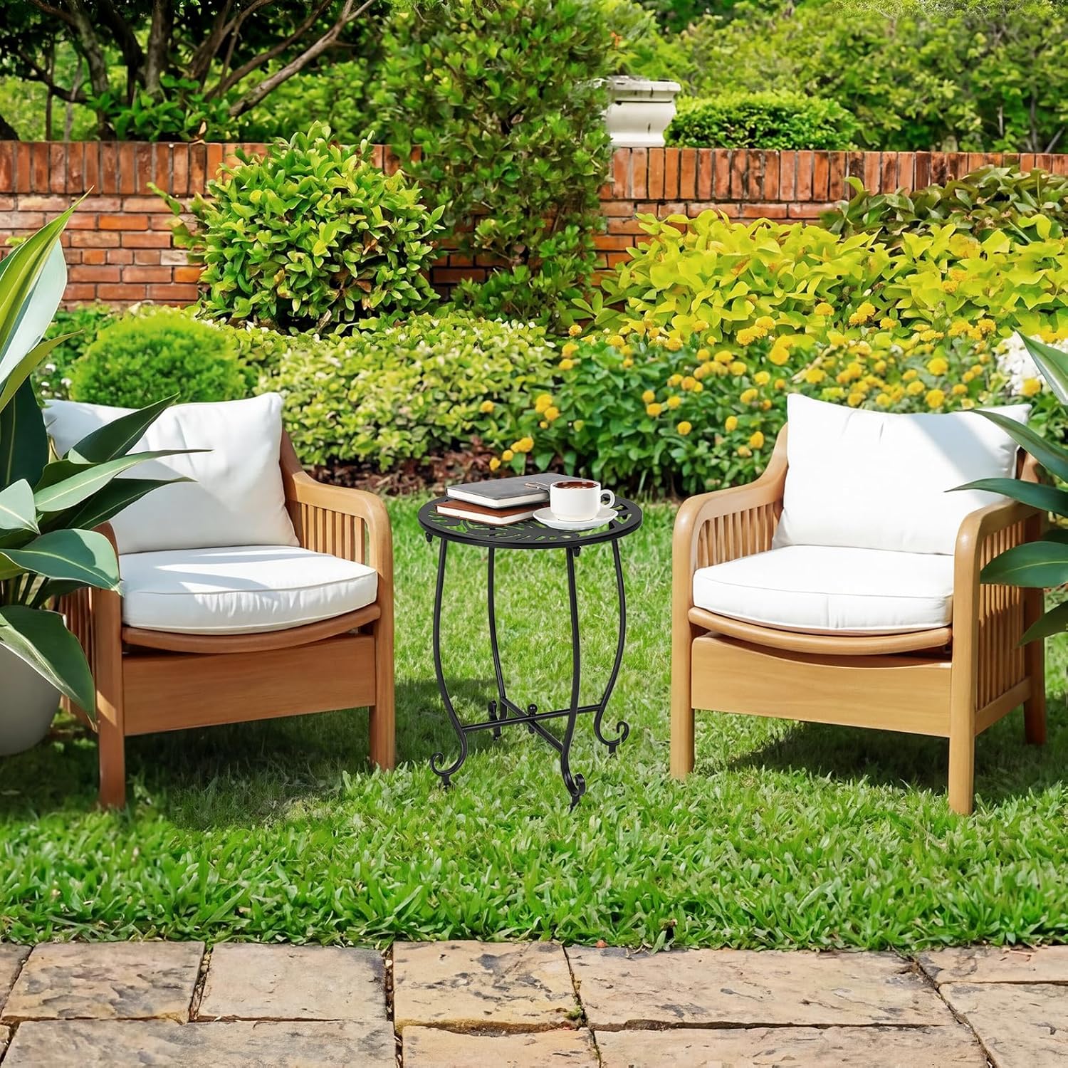 Thyle 2 Pcs Outdoor Side Table with Flower Cutout 13" Metal Small Round Weather Resistant Patio Side Tables for Outside, Balcony, Porch, Garden Bistro Indoor Outdoor Yard(Monstera Leaf)