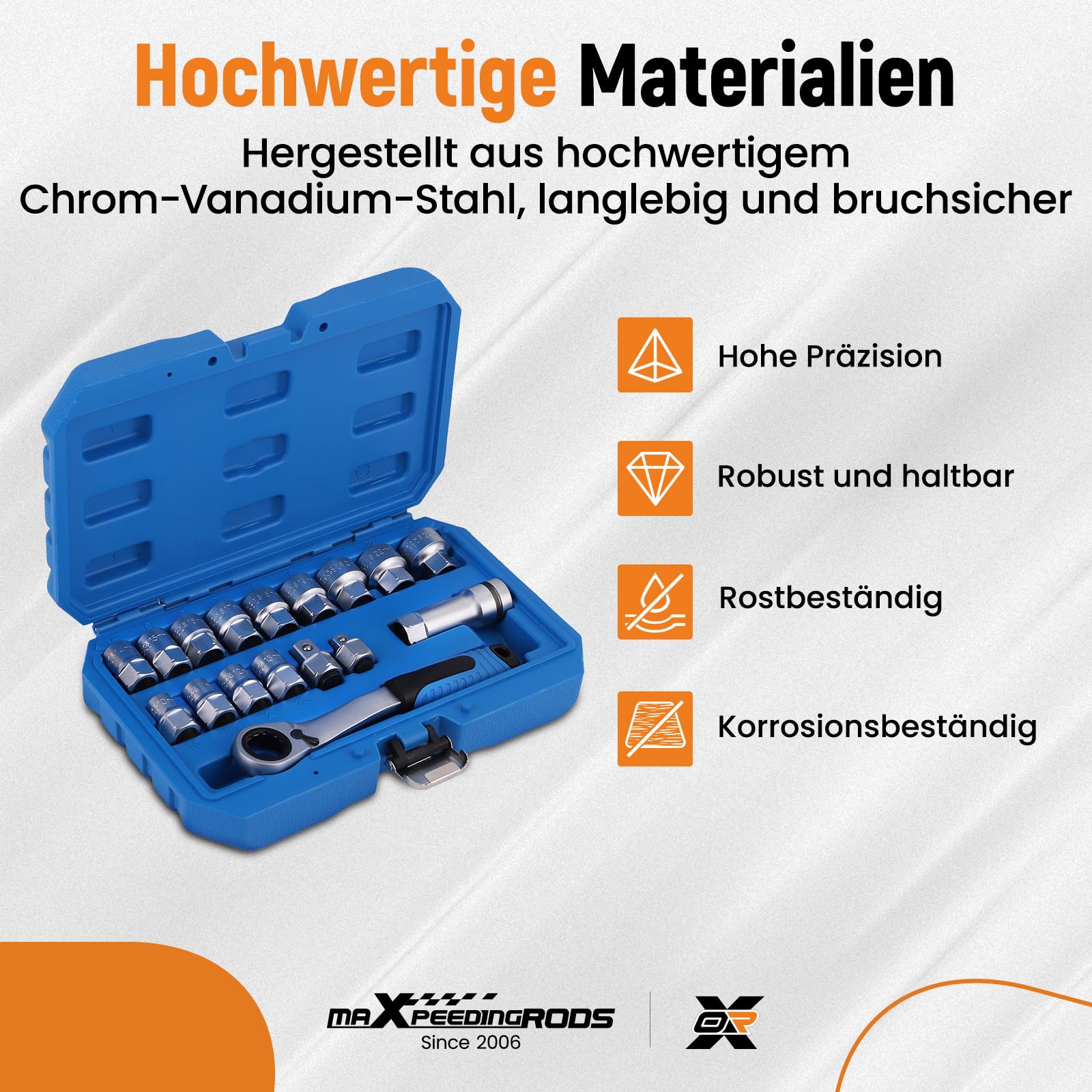 maXpeedingrods 17-tlg Durchsteck Steckschlüssel Satz mit Ratsche CRV 10-24mm für Mechaniker Werkstatt, Umschaltknarre Durchgangs Steckschlüsselsatz 1/2 Zoll und 3/8 Zoll