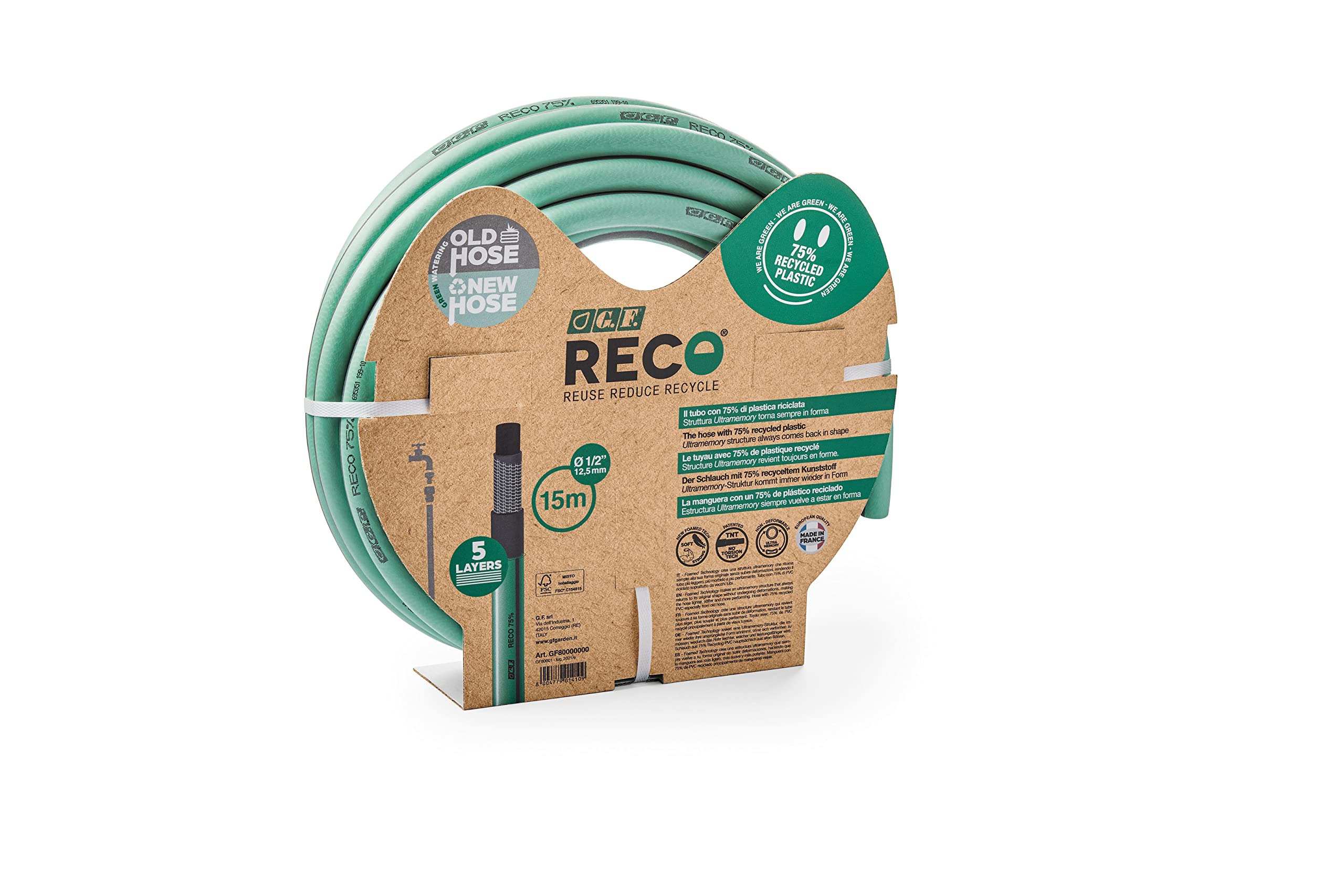 G.F. SRL TUBO RECO, 25 m di tubo per l'irrigazione 3/4 in PLASTICA RICICLATA, struttura Ultramemory, anti torsione, resistente ai raggi UV, antialghe, made in France, colore verde Salvia