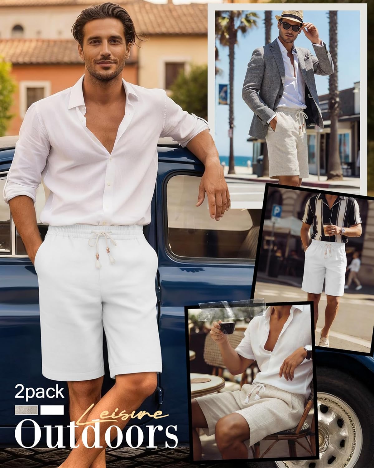 Neer 2 Pack Men's Linen Shorts, Casual Lightweight Drawstring Shorts 9 Inch Inseam Elastic Waist Short Pants with Pockets - Image 4