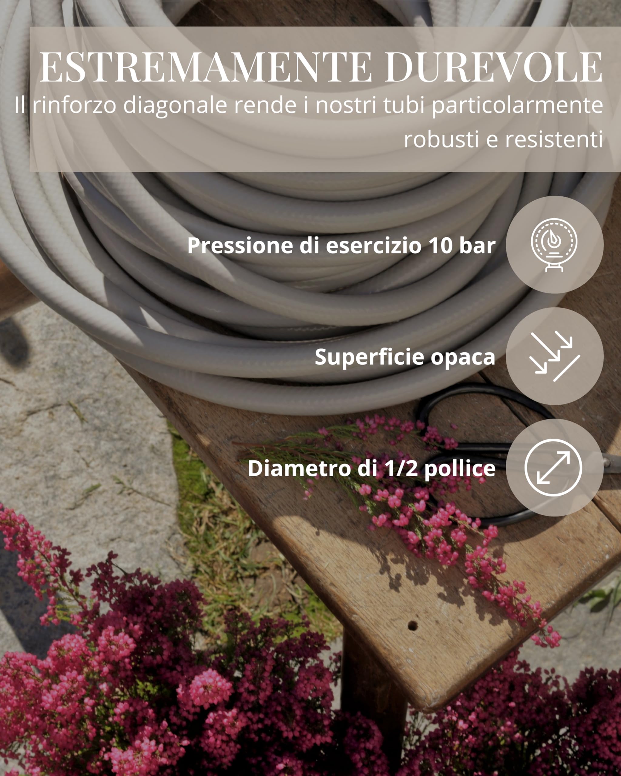 LIVLIG - Tubo da giardino da 10 m, tubo flessibile premium con supporto per tubo e siringa da giardino in ottone, tubo di irrigazione con attacco per tubo da 1/2", set di irrigazione in greige