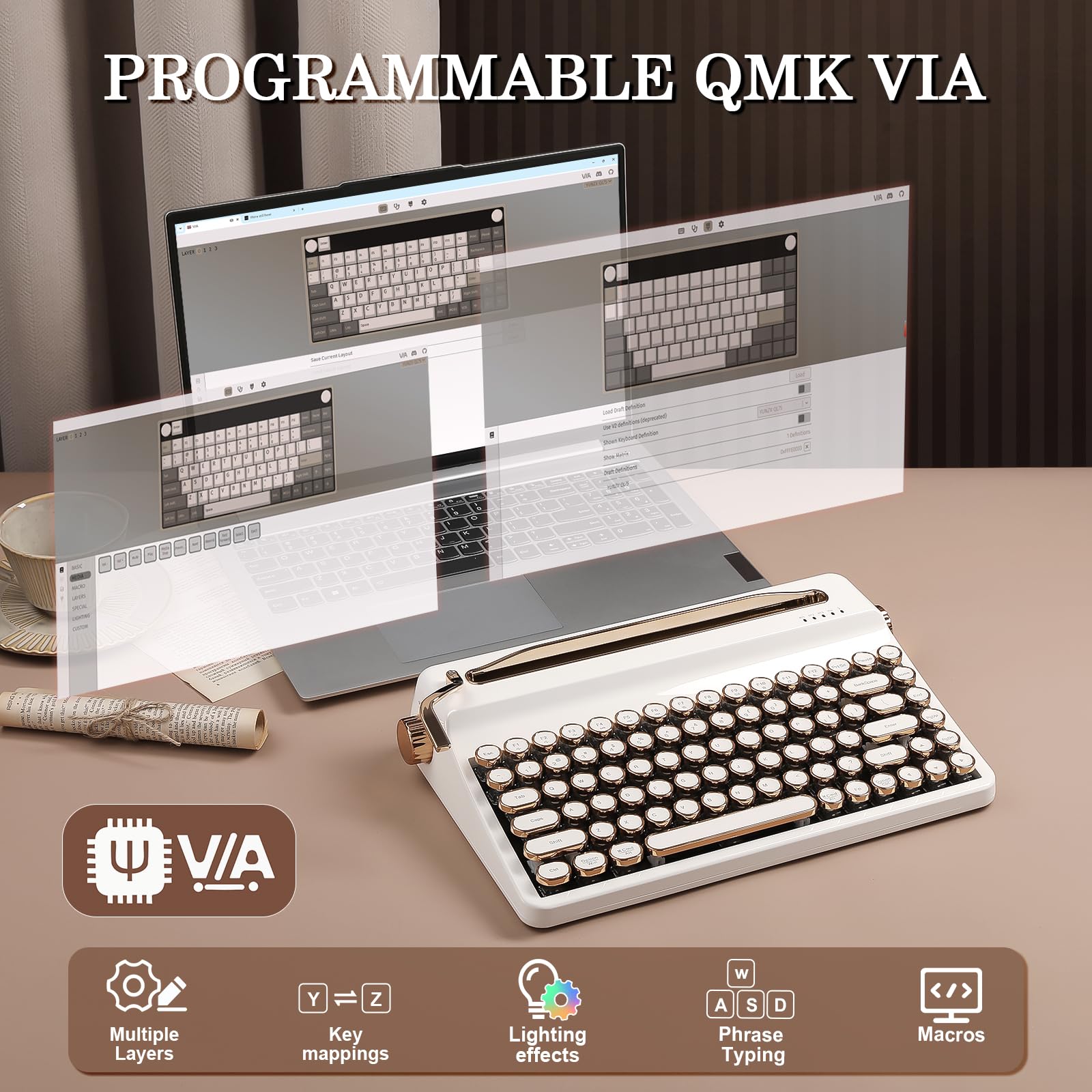 YUNZII QL75 Clavier Mécanique Rétro sans Fil Hot-Swap, Keycaps Rondes Punk, RGB Programmable QMK/Via, Tri-Mode (2.4GHz/BT5.0/USB-C), Multi-Appareils (Blanc, Cocoa Cream V2 Linear)