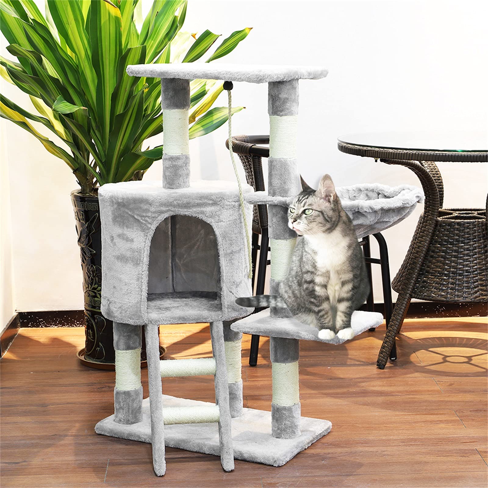 Árbol rascador para gatos, altura de 96 cm, con cuevas, superficies de descanso, escaleras y troncos de sisal, estable (C-gris)