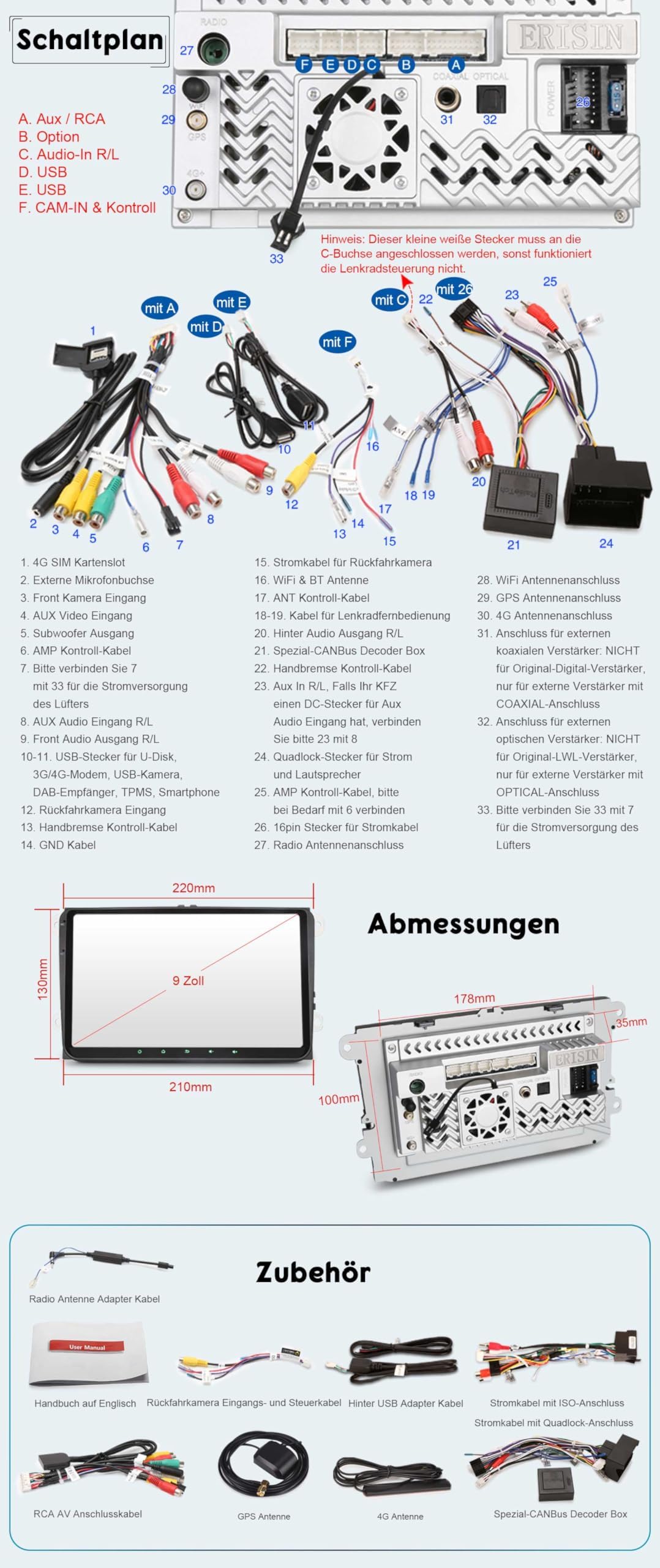 Erisin 9" Qualcomm 8-rdzeniowy 4 GB + 64 GB Android 14 radio samochodowe Bluetooth GPS nawigacja do VW Golf 5/6 Passat B7/B6 Polo 6R Tiguan Caddy T5 Skoda Seat CarPlay Android Auto WiFi 4G DSP USB RDS