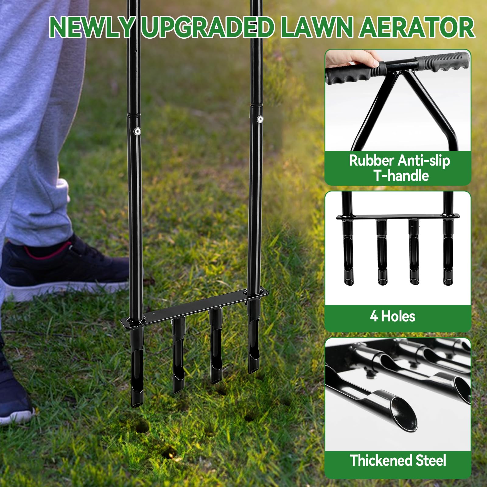 CDIYTOOL Aireador de césped, aireador de césped de jardinería para cuidado del césped y suelo compactado, 4 puntas, resistente, mango largo, tapón manual de suelo de jardín con herramienta de limpieza