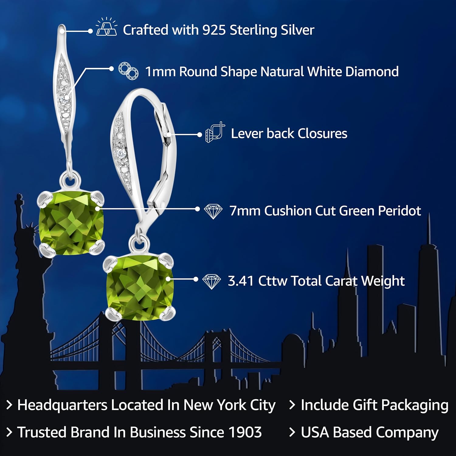 Gem Stone King Drop Dangle Earrings For Women | 7MM Cushion Cut Gemstone Birthstone and White Diamond | 925 Sterling Silver | Fine Jewelry Gifts for Her Mom Women Wife - Image 2