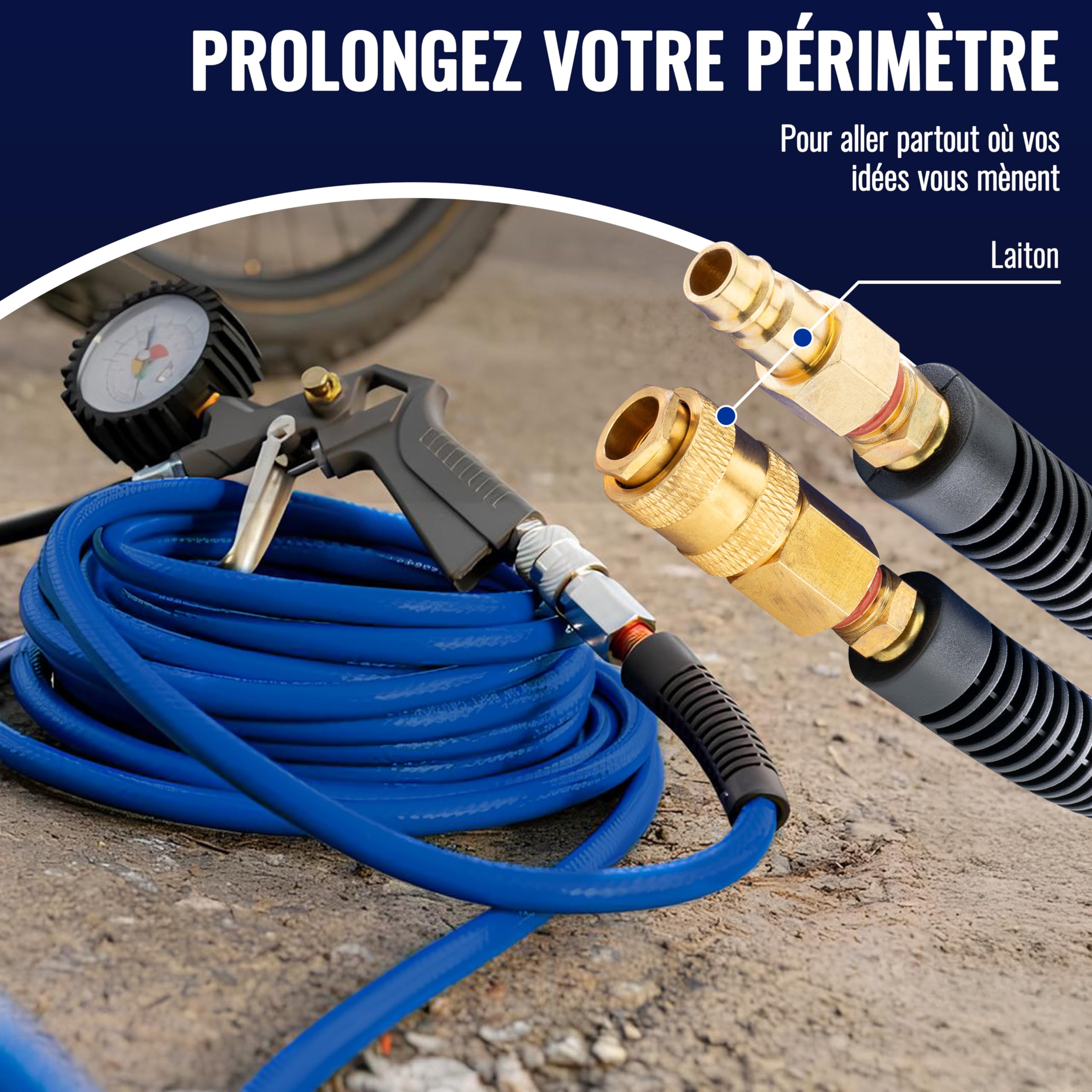 Poppstar Tuyau à Air Comprimé PVC Hybride 50m, Diamètre Intérieur 6mm, Raccord Rapide en Laiton 1/4", 20 bar, Bleu