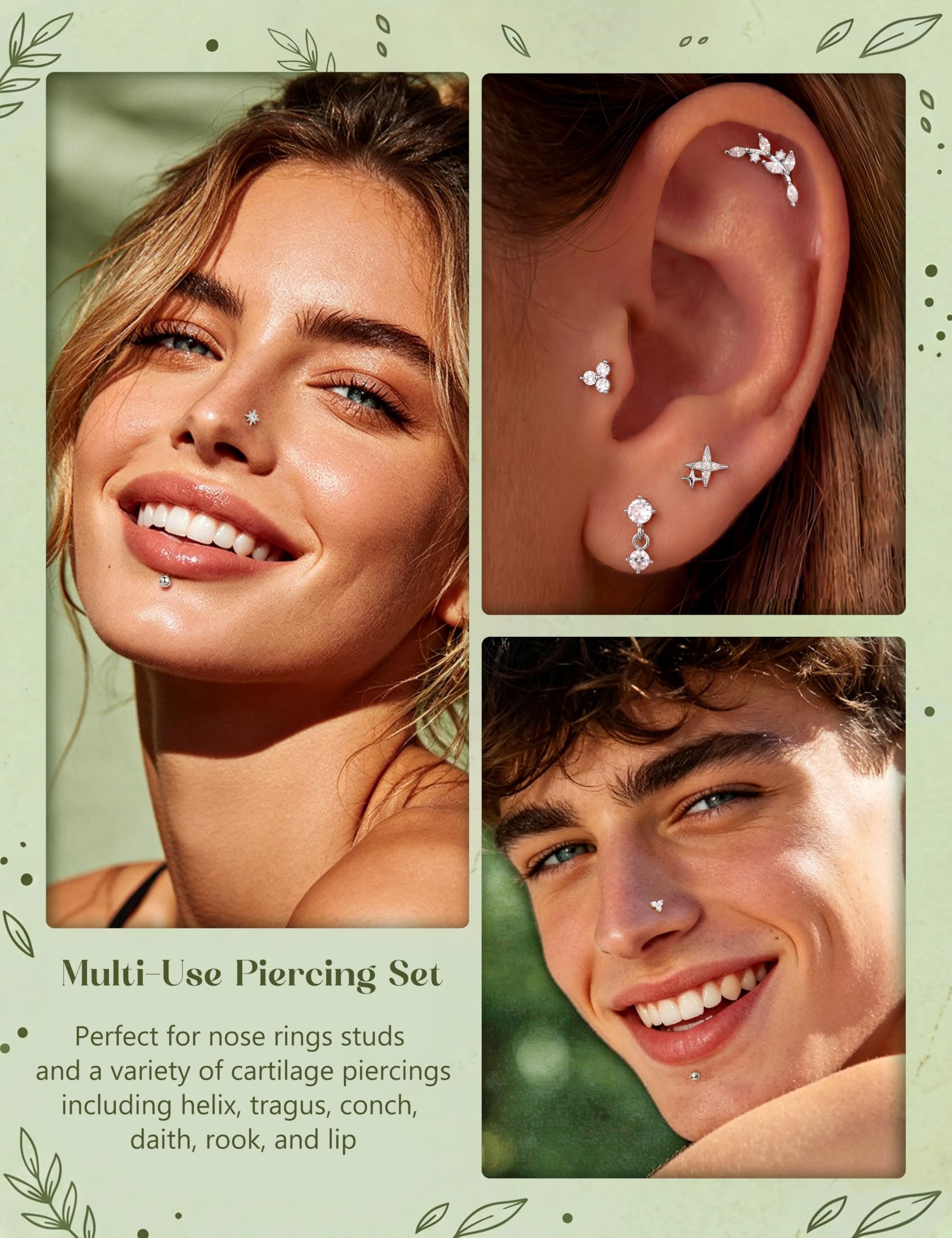Kakonia 16G/18G Piercing Oreja Plata Oro Acero Inoxidable Pendientes Mujer Hipoalergénico Roscado Interno Cartilago Oreja Piercings Nariz Labret Conch Tragus Helix Piercing