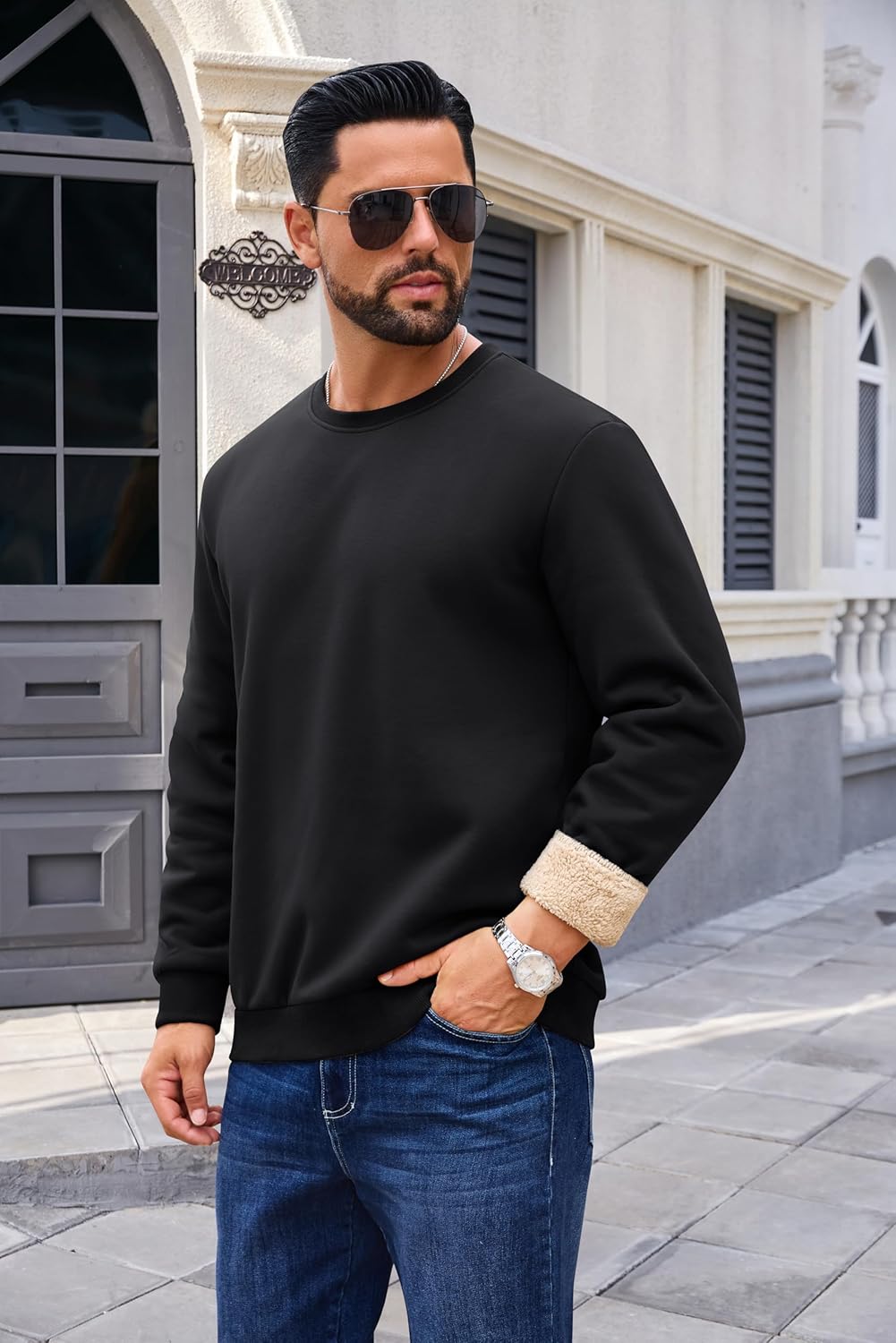 Boladeci Men's Full Sherpa Lined Crewneck Sweatshirts Heavy-weight Fleece Pullover Thick Thermal Long Sleeve Cotton - Image 2