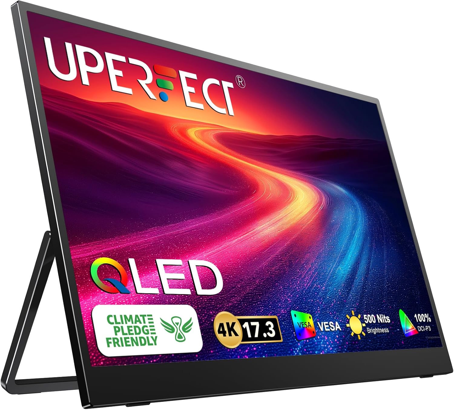 UPERFECT 17.3'' 4K Portable Monitor QLED, 500 Nits 100% DCI-P3 UHD FreeSync HDR 2 Speakers Eye Care Travel Monitor, 2 Fully Functional Type-C Port & HDMI for Laptop PC Phone, VESA & Stand
