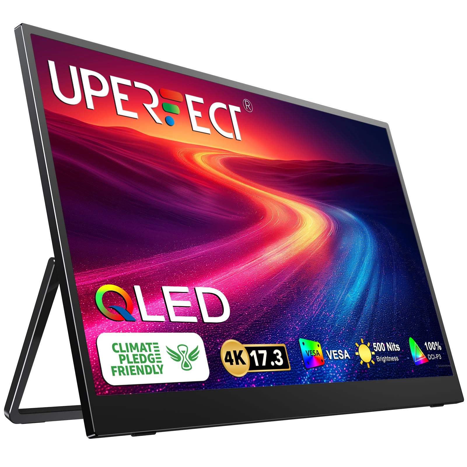 UPERFECT17.3'' 4K Portable Monitor QLED, 500 Nits 100% DCI-P3 UHD FreeSync HDR 2 Speakers Eye Care Travel Monitor, 2 Fully Functional Type-C Port & HDMI for Laptop PC Phone, VESA & KickstandCarbonfree Certified