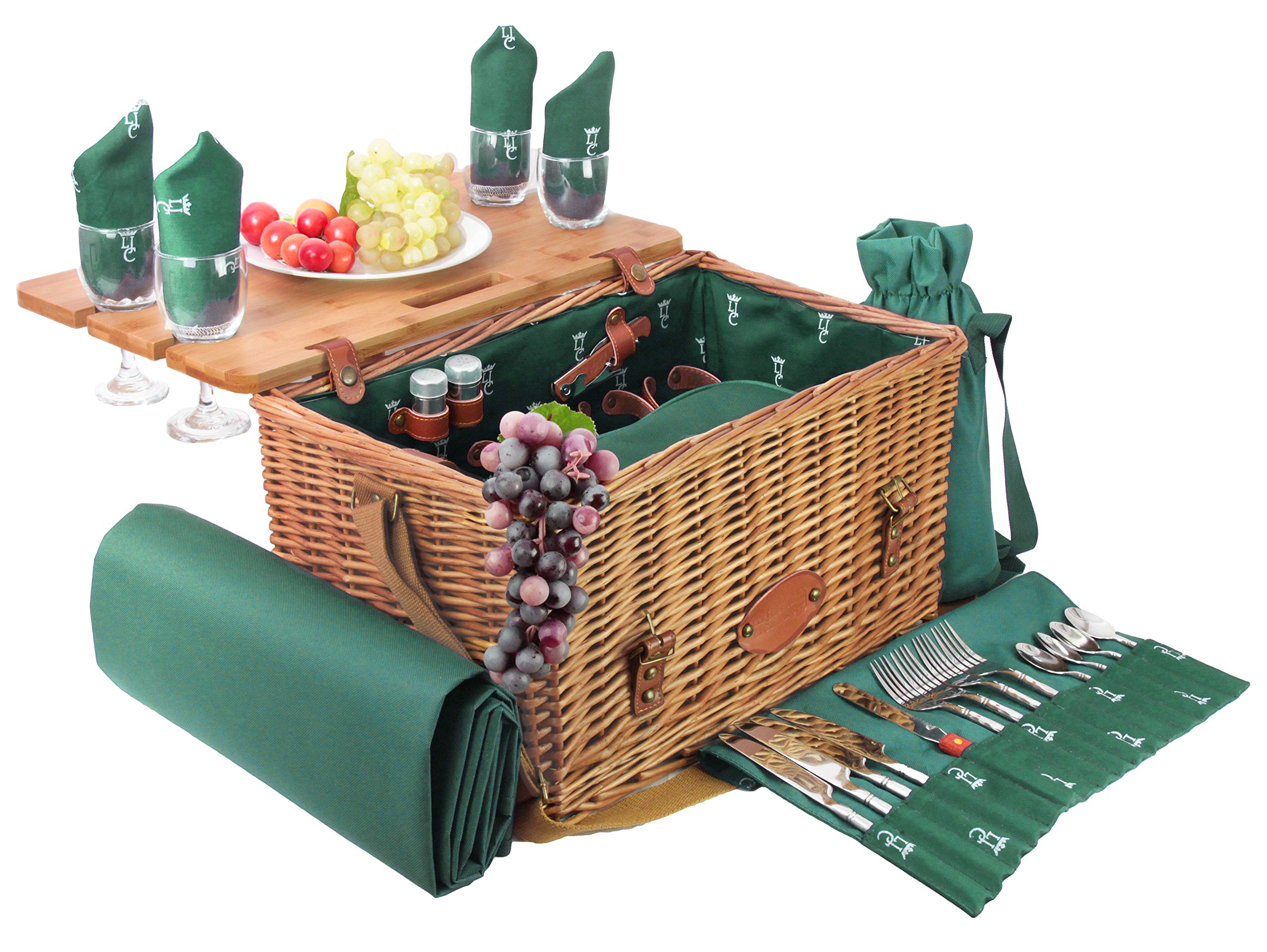 Les Jardins de la Comtesse - Cestino da Picnic Saint Honoré Verde - Vimini Naturale - Cinghie di cuoio - 4/Pers - Tavolo/Scomparto Isotermico Rimovibile - Piatti/Bicchieri da Vino - 45 x 28 x 28 cm