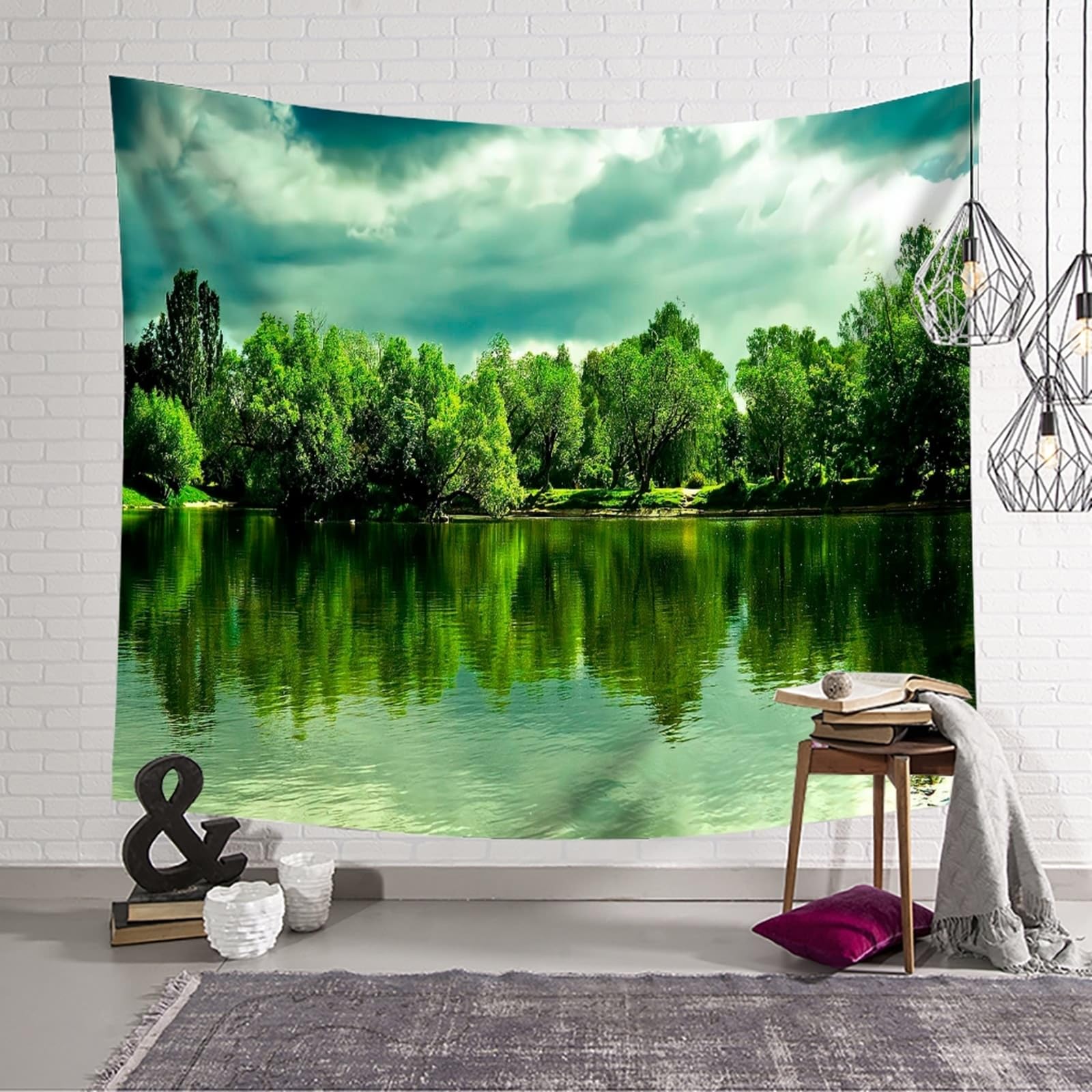 Skcess Wandbehang Grün, Polyester Wandbehang See, Bäume, Naturlandschaft Wandteppich 240x220cm