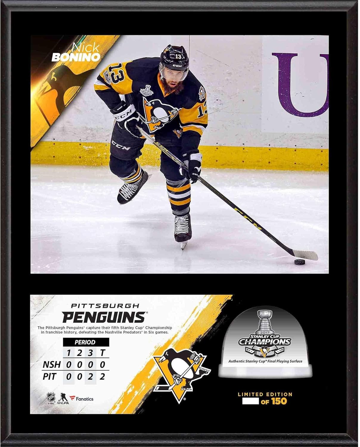 Nick Bonino Pittsburgh Penguins 2017 Stanley Cup Champions 12'' x 15'' Sublimated Plaque with Game-Used Ice from the Stanley Cup Final - Limited Edition of 150 - NHL Player Plaques and Collages