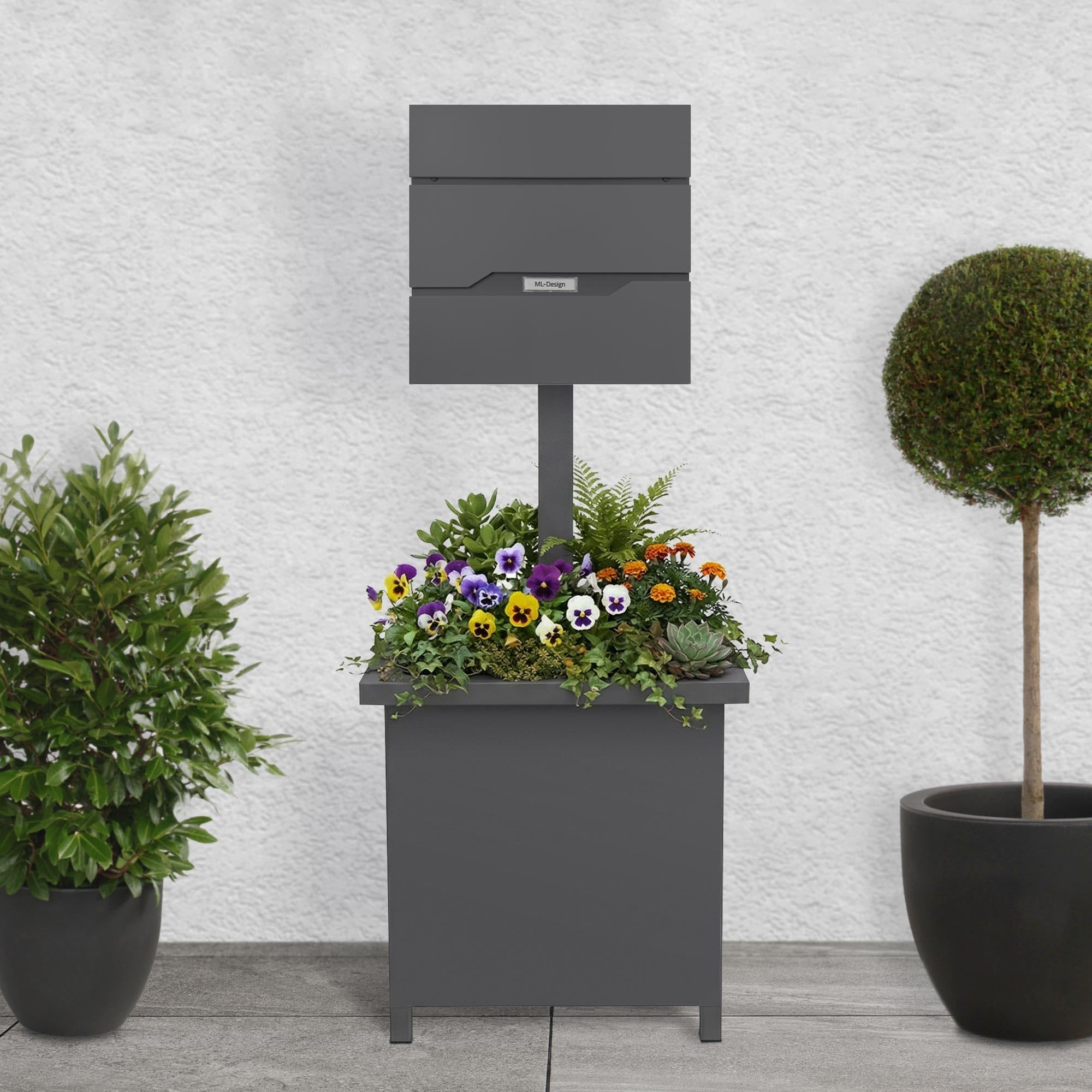 ML-Design Standbriefkasten Anthrazit mit Pflanzkasten, Briefkasten mit Zeitungsfach & Ständer, abschließbar, 2 Schlüsseln, Briefkastenständer wetterfest aus Stahl, Postkasten modern für Haus & Garten