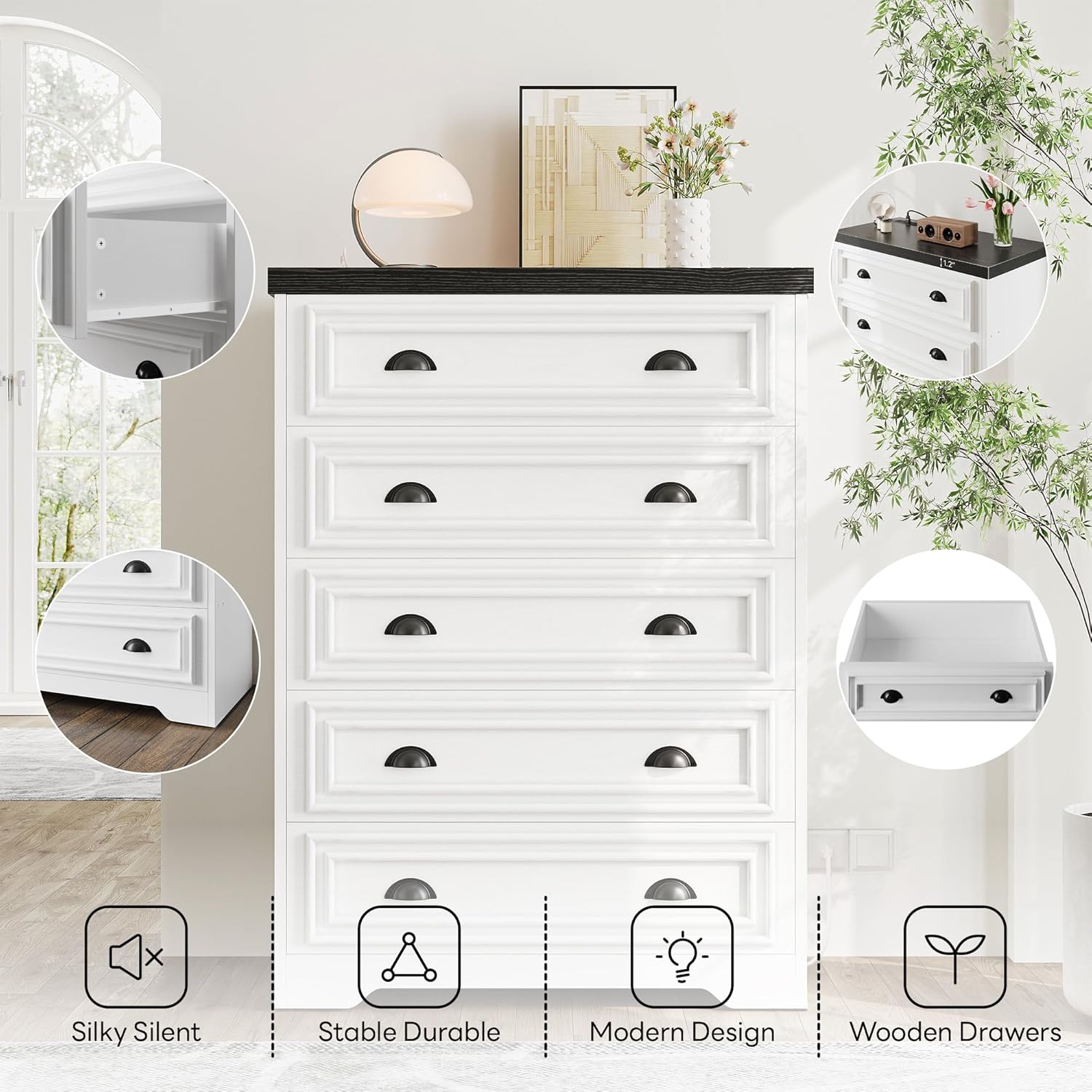 LIKIMIO 5-Drawer 43" Tall Dresser with Built-in Charging Station - Farmhouse Style Bedroom Storage Cabinet, Black &White